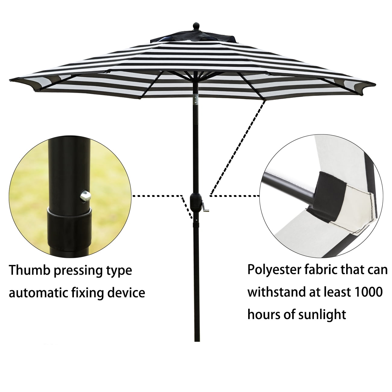 Bibana 9 ft Outdoor Patio Umbrella with Push Button Tilt, Easy Crank Lift, 8 Steel Ribs - Black and White