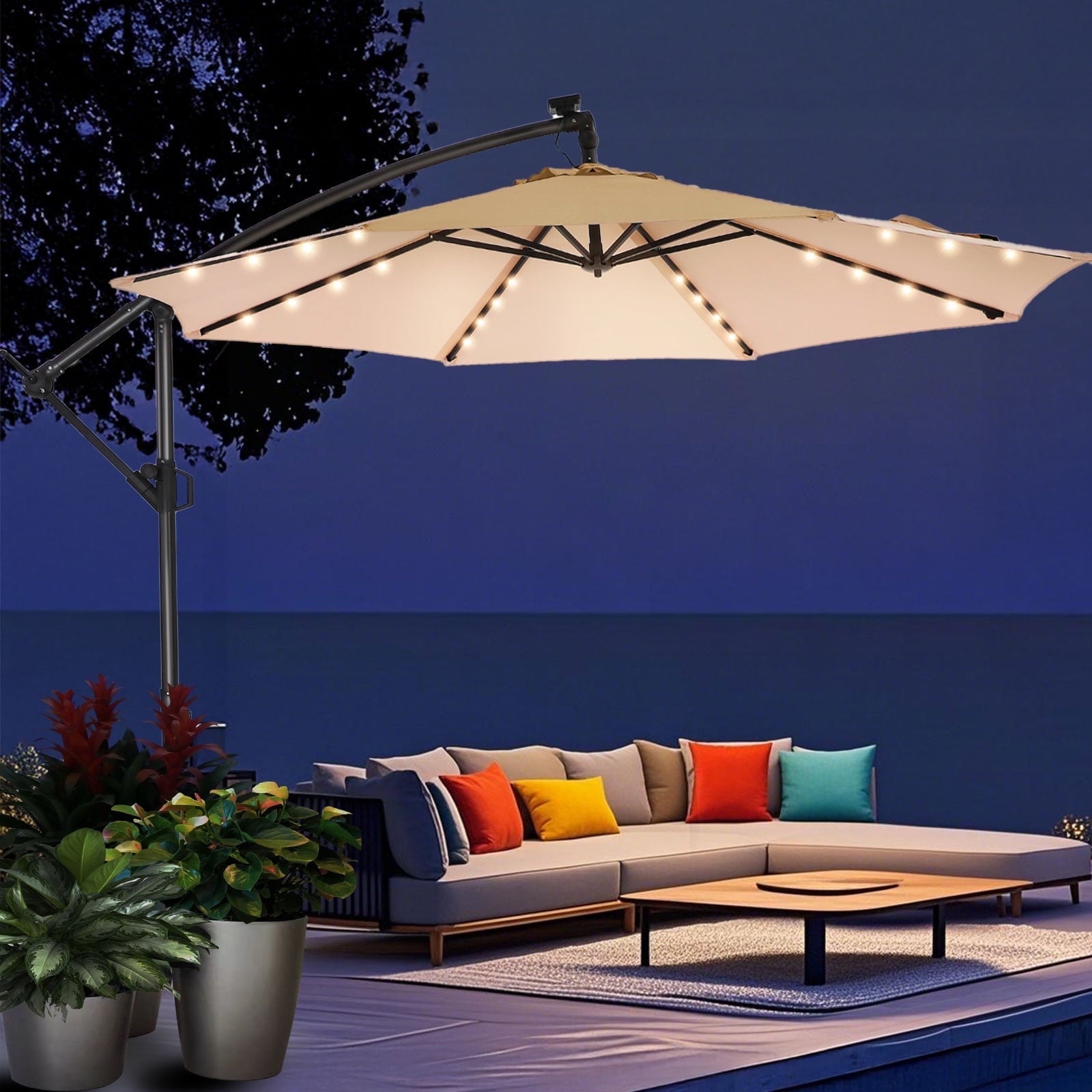 10ft Offset Hanging Market Patio Umbrella with 32 LED Lights and Easy Tilt Adjustment,Polyester Shade,8 Ribs for Backyard,Poolside,Lawn and Garden，Beige
