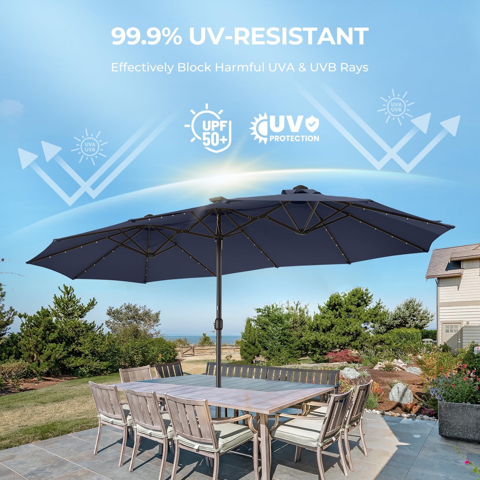 13ft Patio Umbrella with Light and Base Included, Double Sided Outdoor Large Rectangular Patio Umbrella with Crank Handle, for Lawn Garden,Home,Outdoor Activities