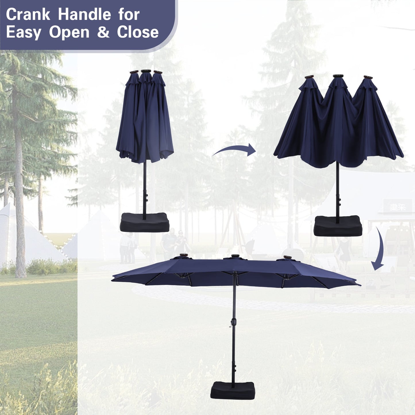 Alpha Joy 15ft Extra Large Outdoor Patio Double-Sided Umbrella with Solar Lights & Umbrella Base, Navy Blue