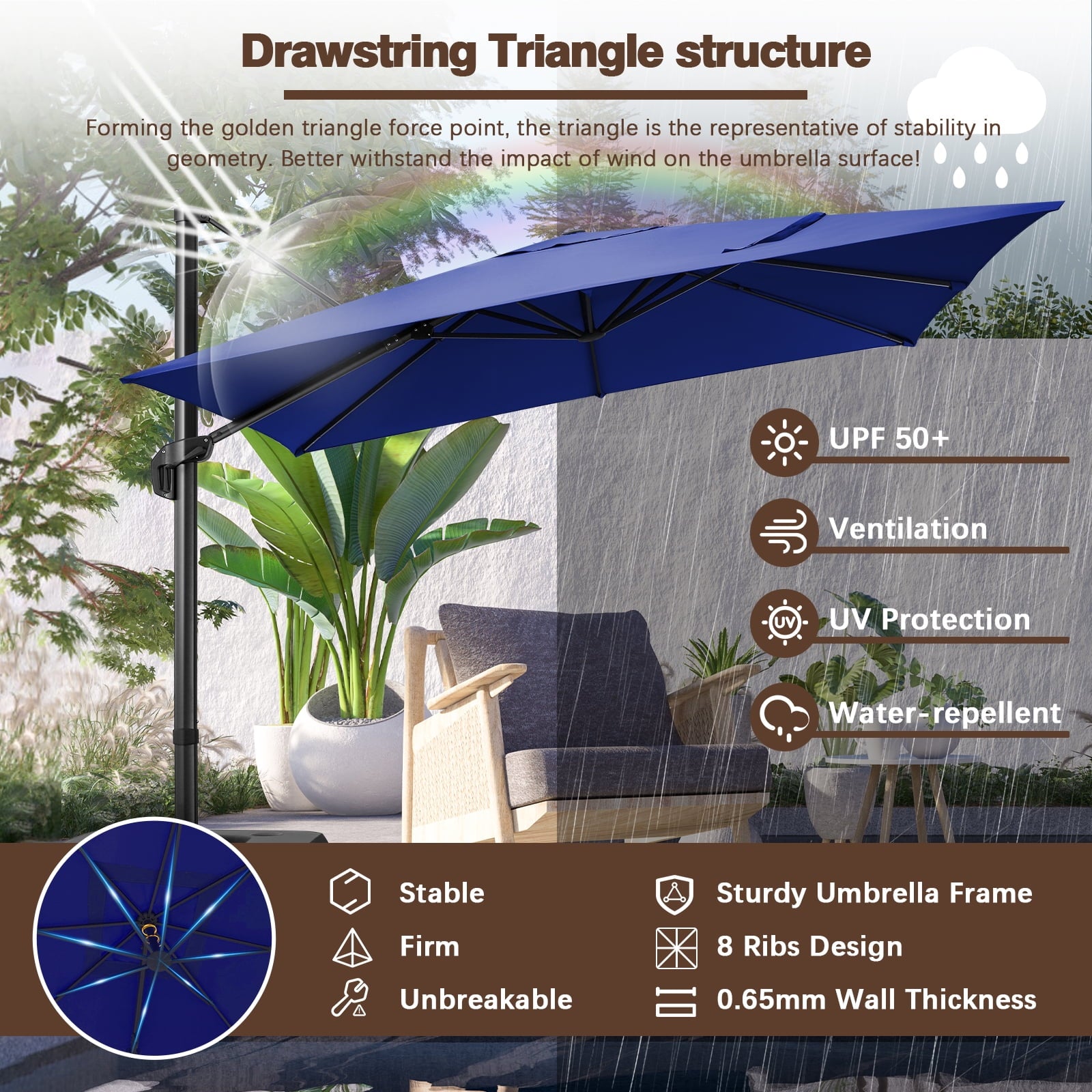 SANOPY 10x10 Cantilever Patio Umbrella Outdoor Patio Umbrella, 360 Degree Rotation Market Patio Umbrella with Steel Base, Crank, Tilt Button, Dark Blue