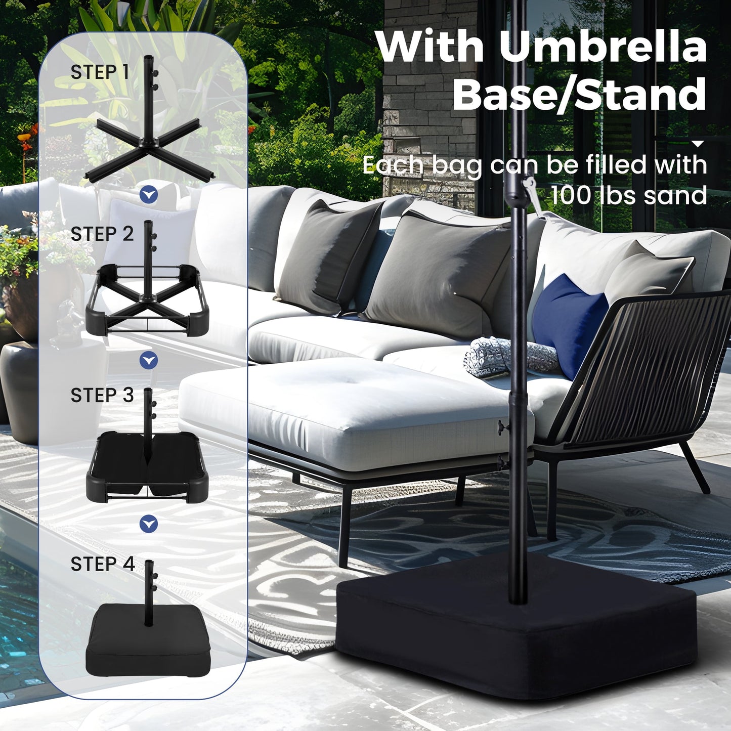 Alpha Joy 15ft Extra Large Outdoor Patio Double-Sided Umbrella with Solar Lights & Umbrella Base, Haze Blue