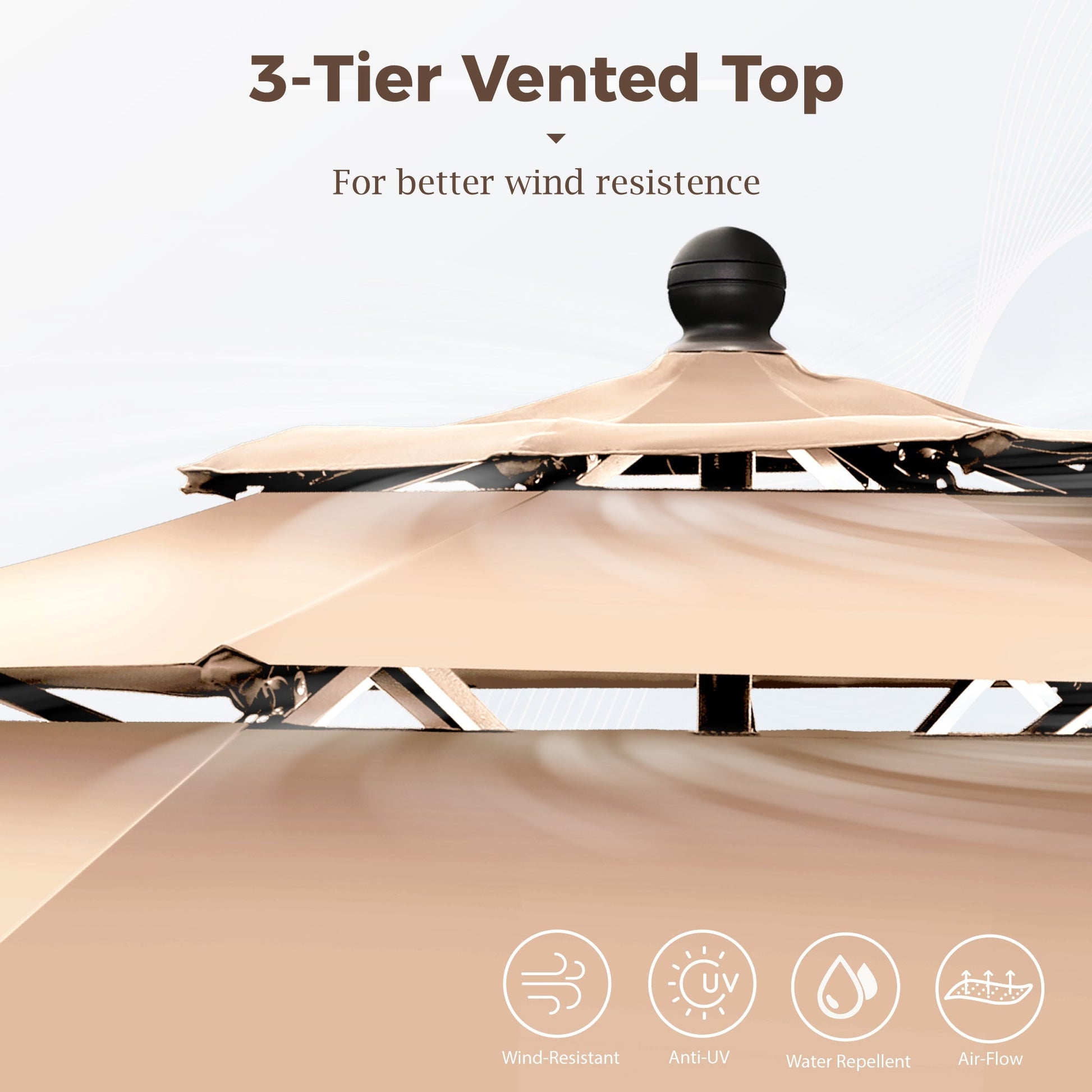 Alpha Joy 10ft 3 Tier Auto-Tilt Outdoor Patio Umbrella Beach Garden Double Vented Table Umbrella with Push Button and Crank, Beige