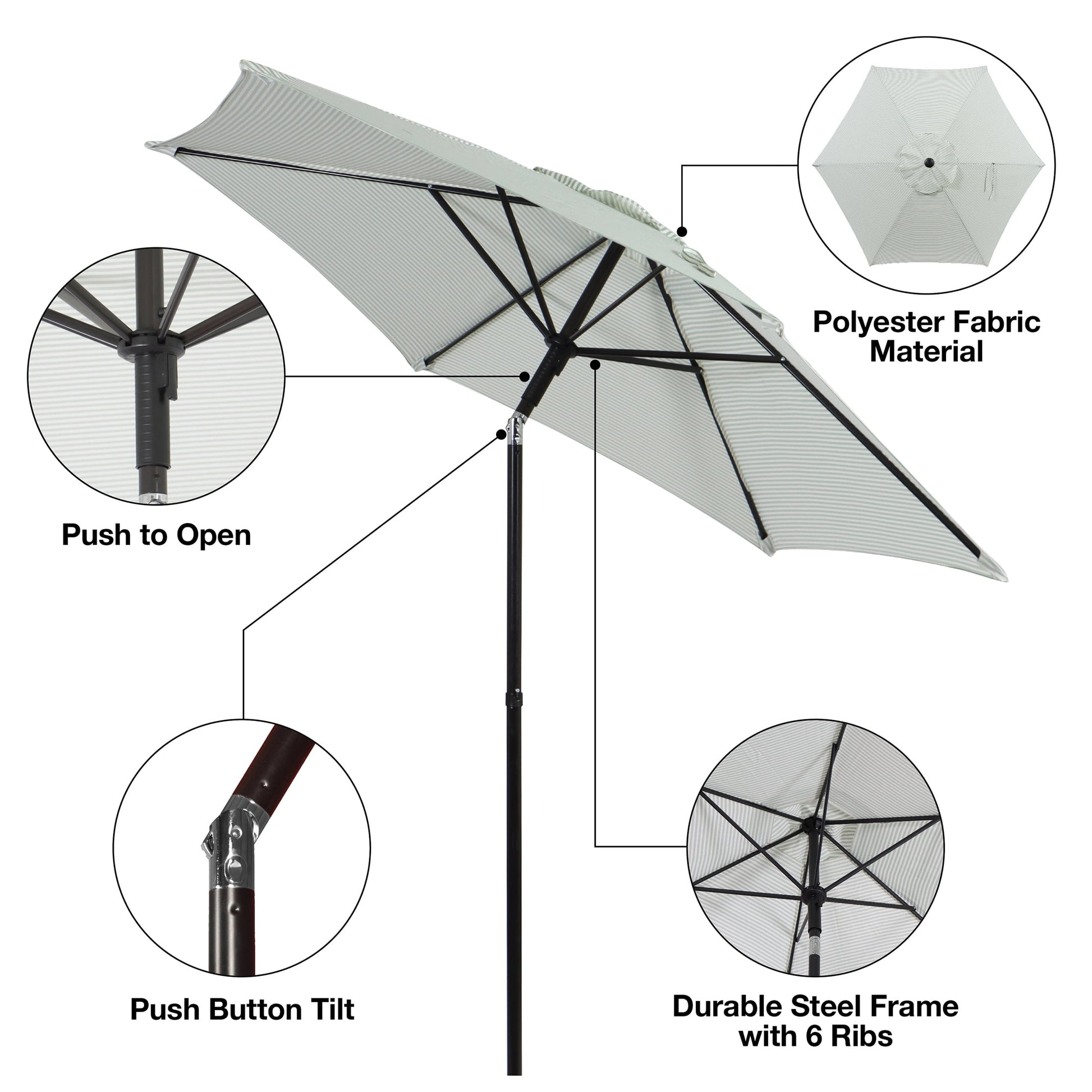 Better Homes & Gardens 7.5' Green Ticking Stripe Push-Up and Tilt Patio Umbrella