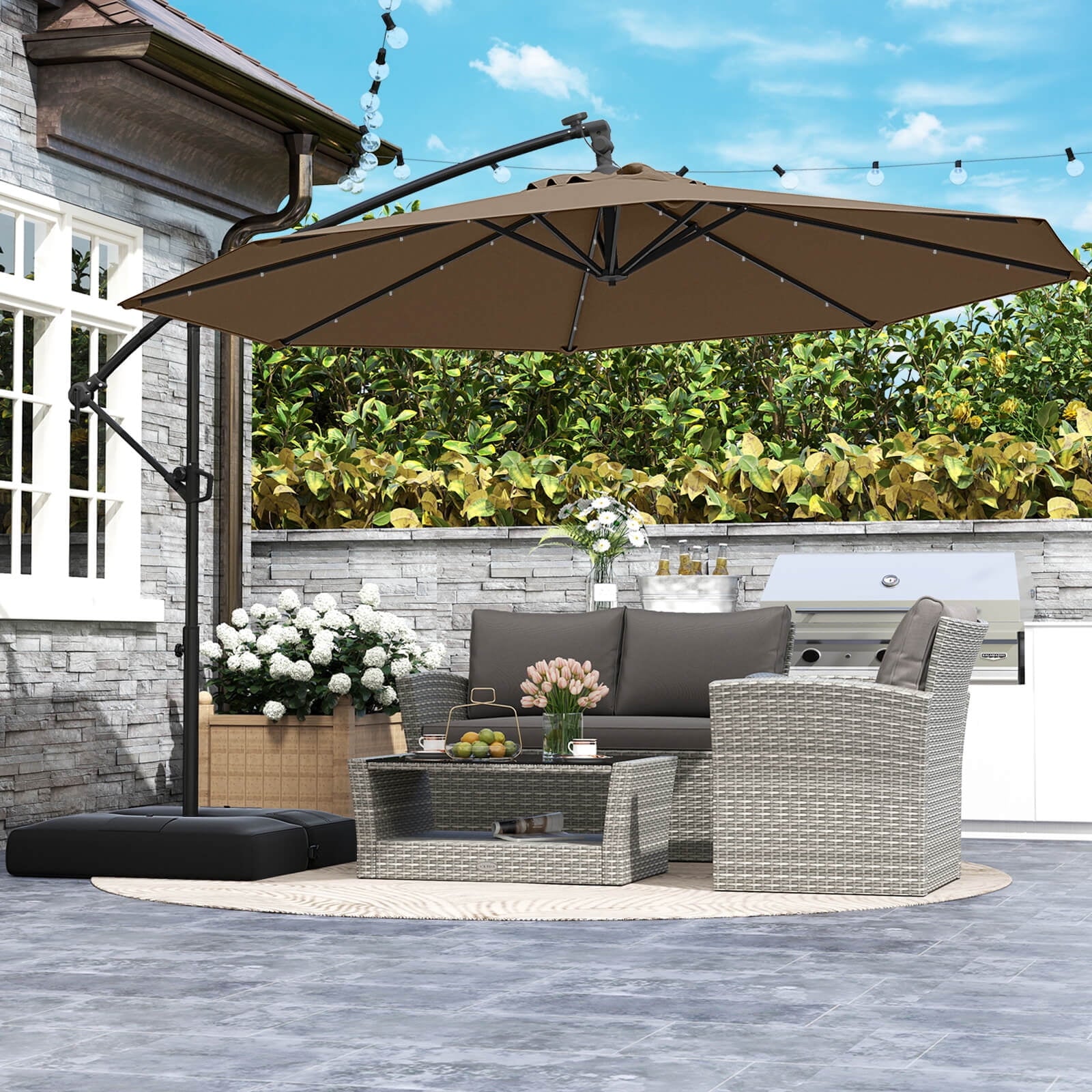 Costway 10 FT Solar Offset Hanging Umbrella Patio Cantilever Umbrella with 32 LED Lights Brown