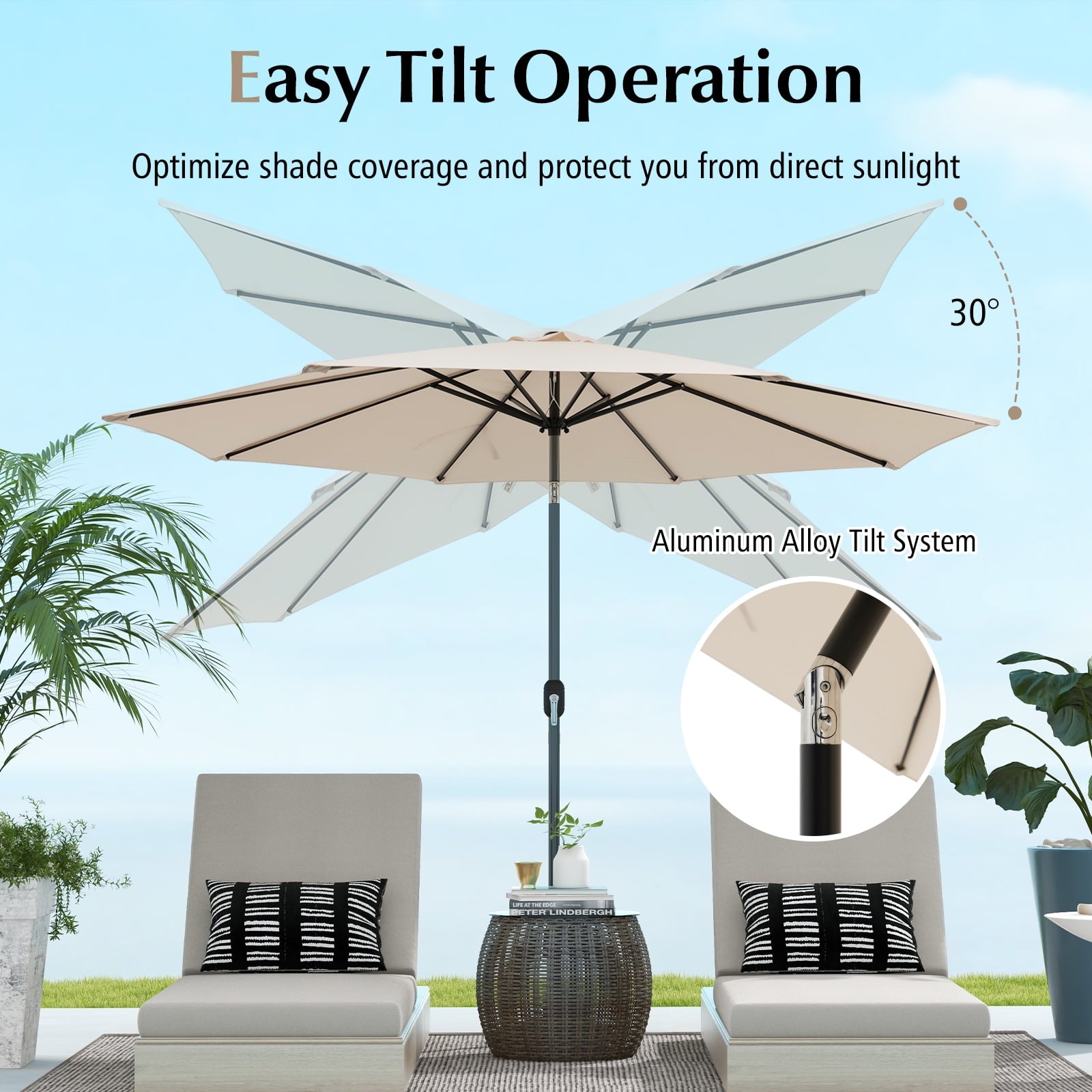 Costway Outdoor Heavy Duty Market Umbrella with Tilt Mechanism Crank Handle 8 Sturdy Ribs