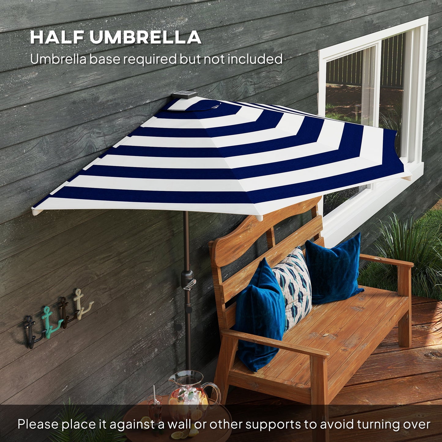 Outsunny Half Umbrella Outdoor Patio Umbrella, UPF 30+ Small Balcony Umbrella, Vented Tiltable Half Patio Umbrella with Crank 8 Ribs, Navy Blue
