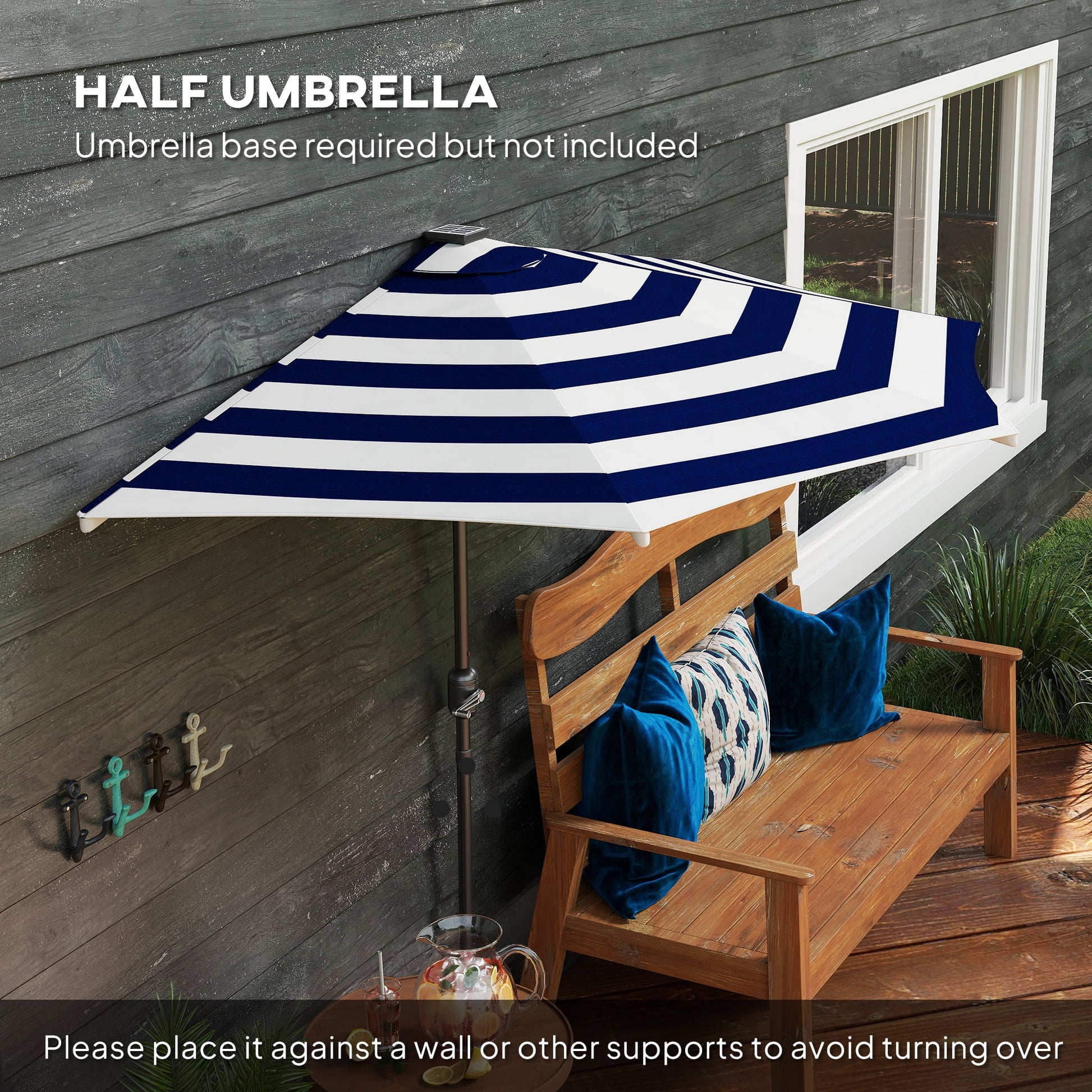Outsunny Half Umbrella Outdoor Patio Umbrella, UPF 30+ Small Balcony Umbrella, Vented Tiltable Half Patio Umbrella with Crank 8 Ribs, Navy Blue