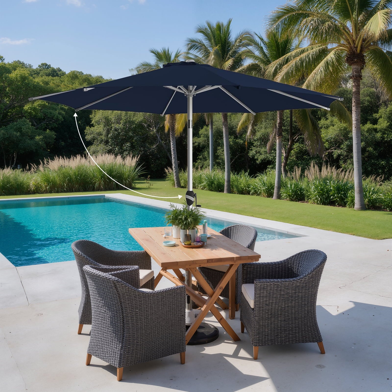 Patio Umbrella, 9 FT Outdoor Umbrellas Waterproof for Pool Table Deck Porch Yard Garden, Market Umbrella with 8 Sturdy Ribs, Push Button Tilt and Crank