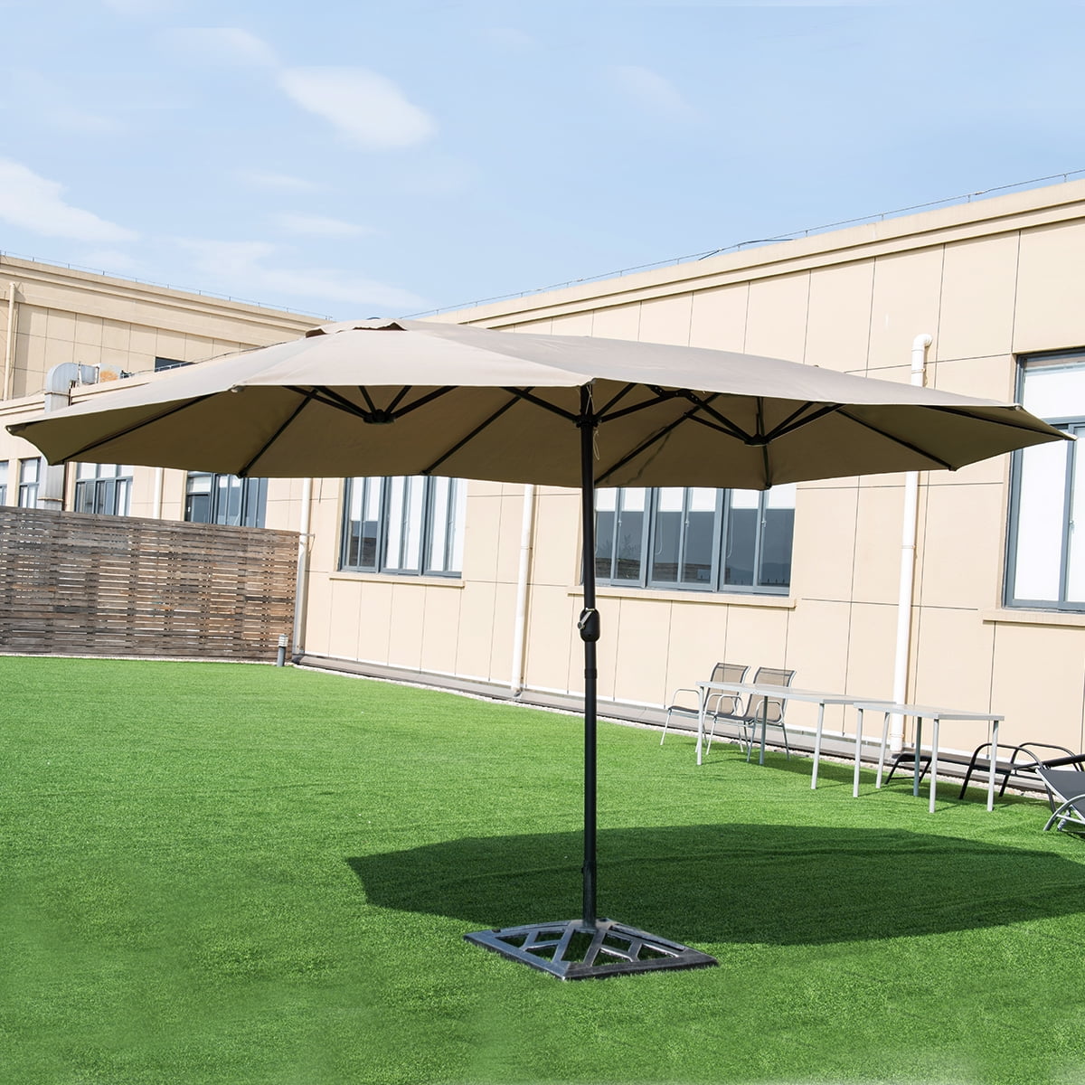 Costway 15' Market Outdoor Umbrella Double-Sided Twin Patio Umbrella with Crank beige