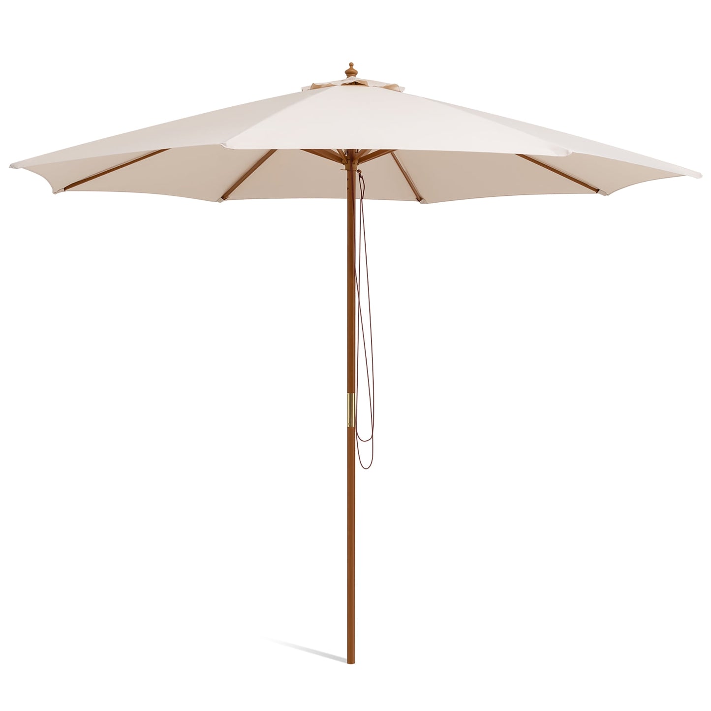 10FT Patio Wooden Market Table Umbrella Pulley w/8 Bamboo Ribs Sunshade Canopy Beige
