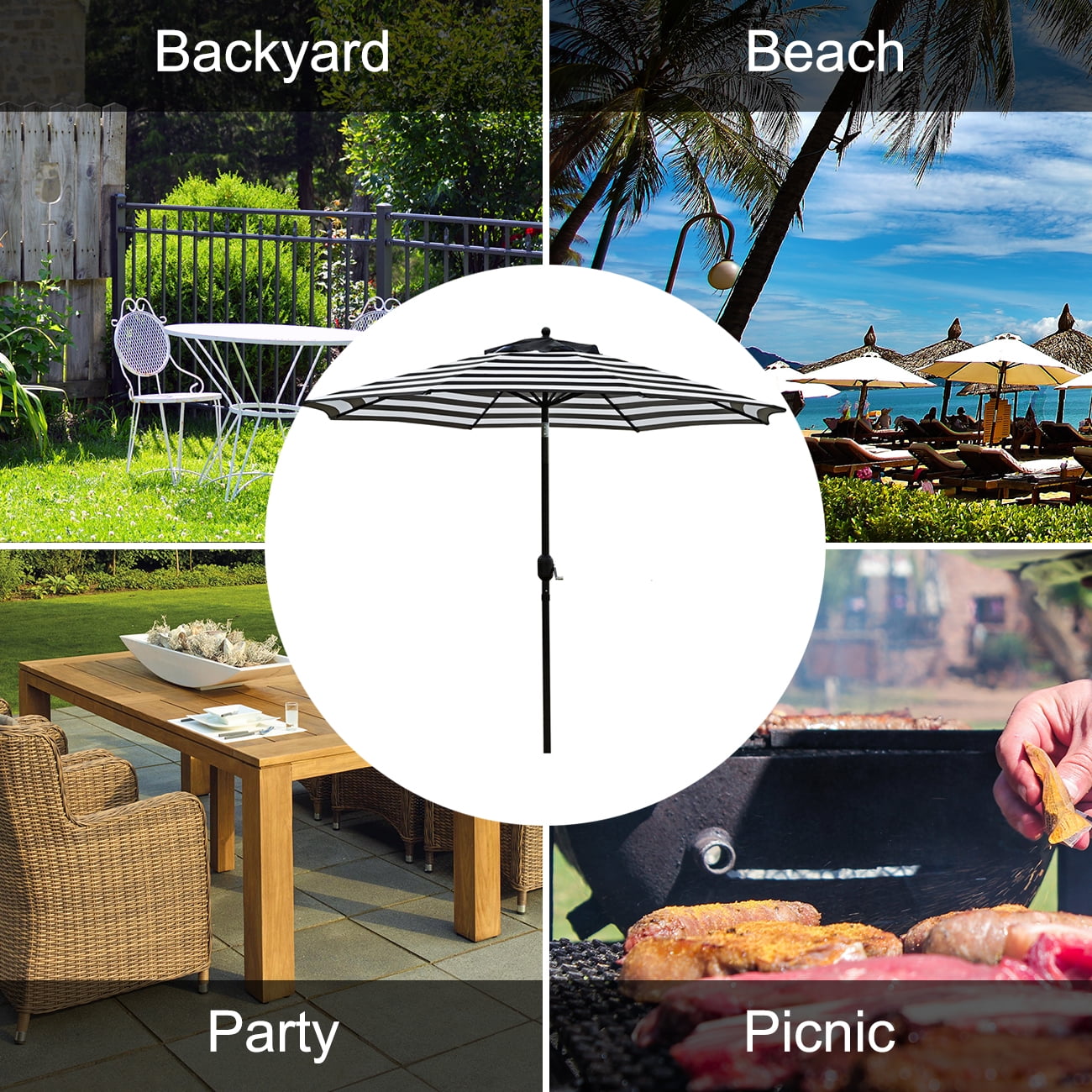 Bibana 9 ft Outdoor Patio Umbrella with Push Button Tilt, Easy Crank Lift, 8 Steel Ribs - Black and White