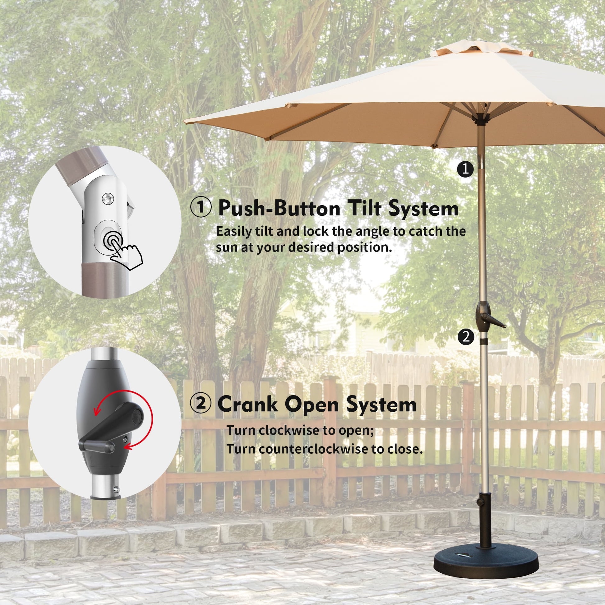 Domi 10FT Patio Umbrella, Outdoor Table Umbrella with Push Button Tilt and Crank, UV Protection Waterproof Market Sun Umbrella with 8 Sturdy Ribs for Garden, Deck, Backyard, Pool，（Beige）
