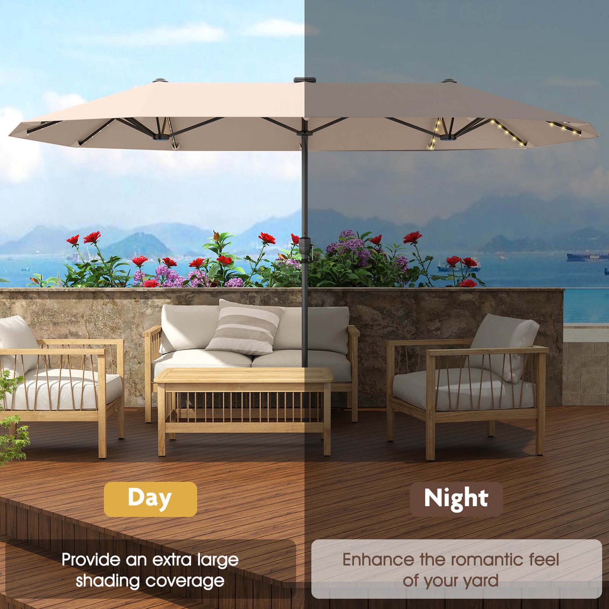 Costway 13 FT Large Patio Umbrella with LED Solar Lights Crank Handle 12 Heavy-Duty Ribs Beige