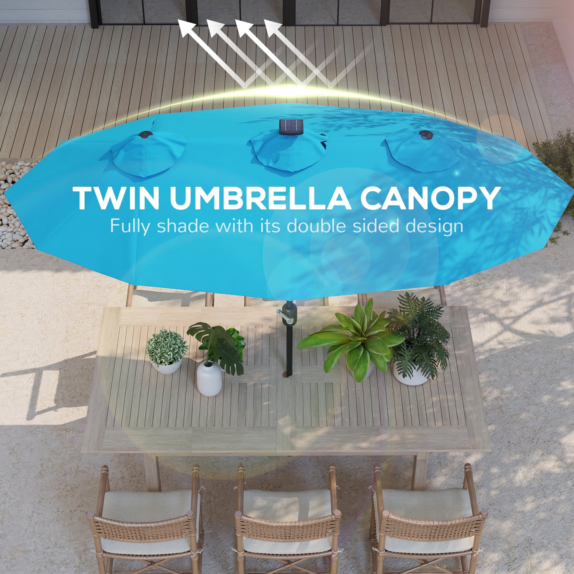 Outsunny 9.7' Double-sided Patio Umbrella with LED Solar Light, Tilt and Crank, Outdoor Umbrella, Light Blue