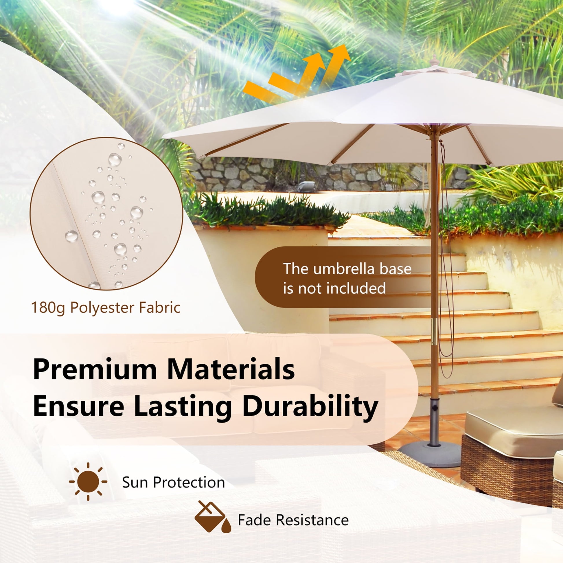 10FT Patio Wooden Market Table Umbrella Pulley w/8 Bamboo Ribs Sunshade Canopy Beige