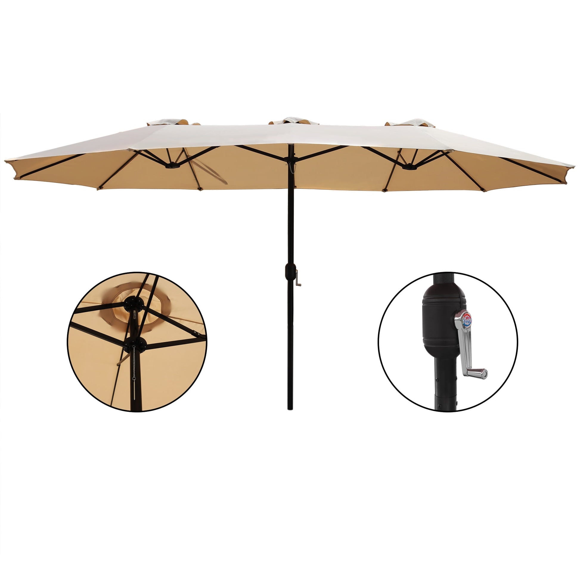 Abble 15x9 ft. Large Double Sided Rectangular Patio Market Umbrella with Crank Lift - Heavy Duty Steel Sun Shade for Pool, Deck, Backyard, Tan