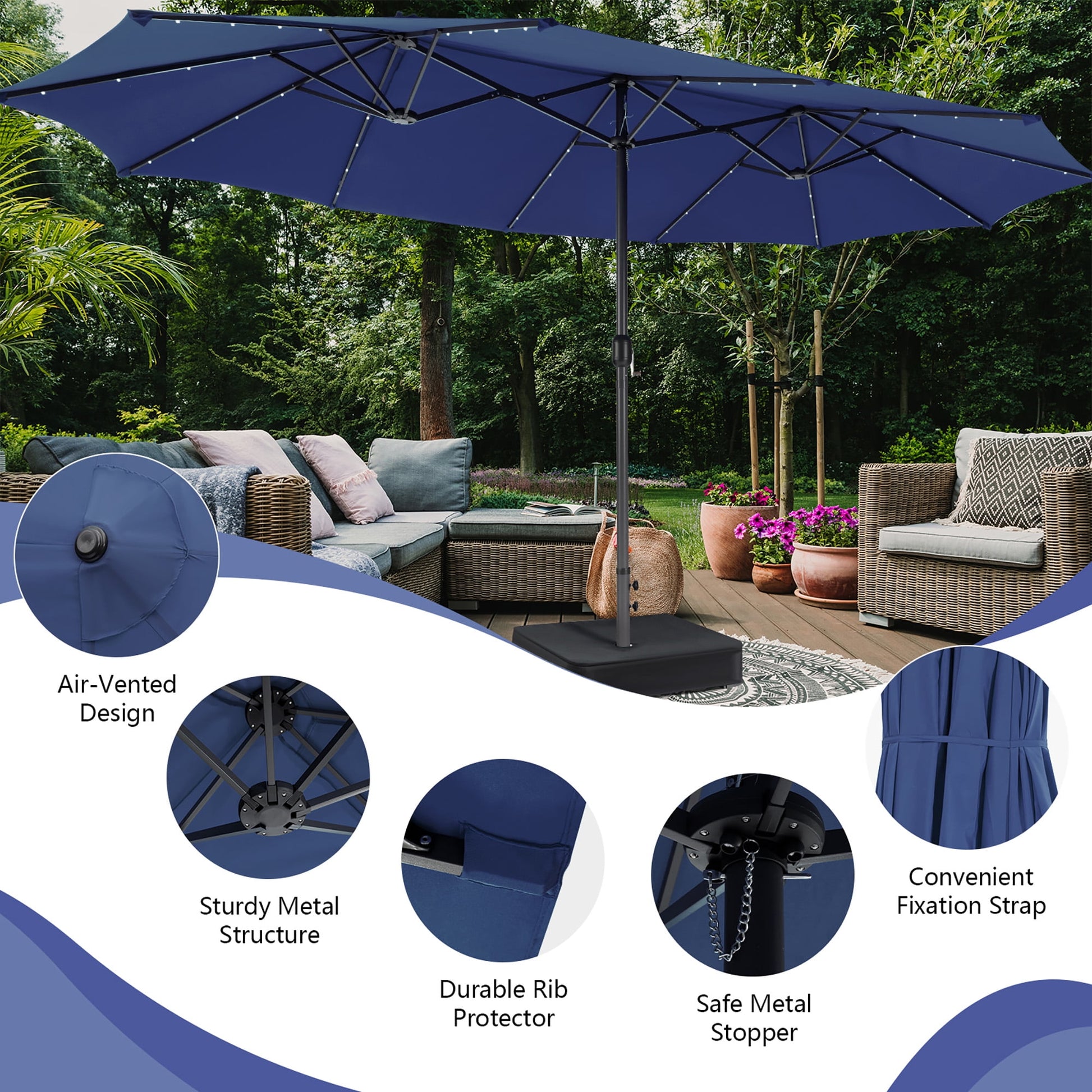 Gymax Outdoor 15' Double-Sided Patio Umbrella 48 Solar LED Lights Crank & Base Navy