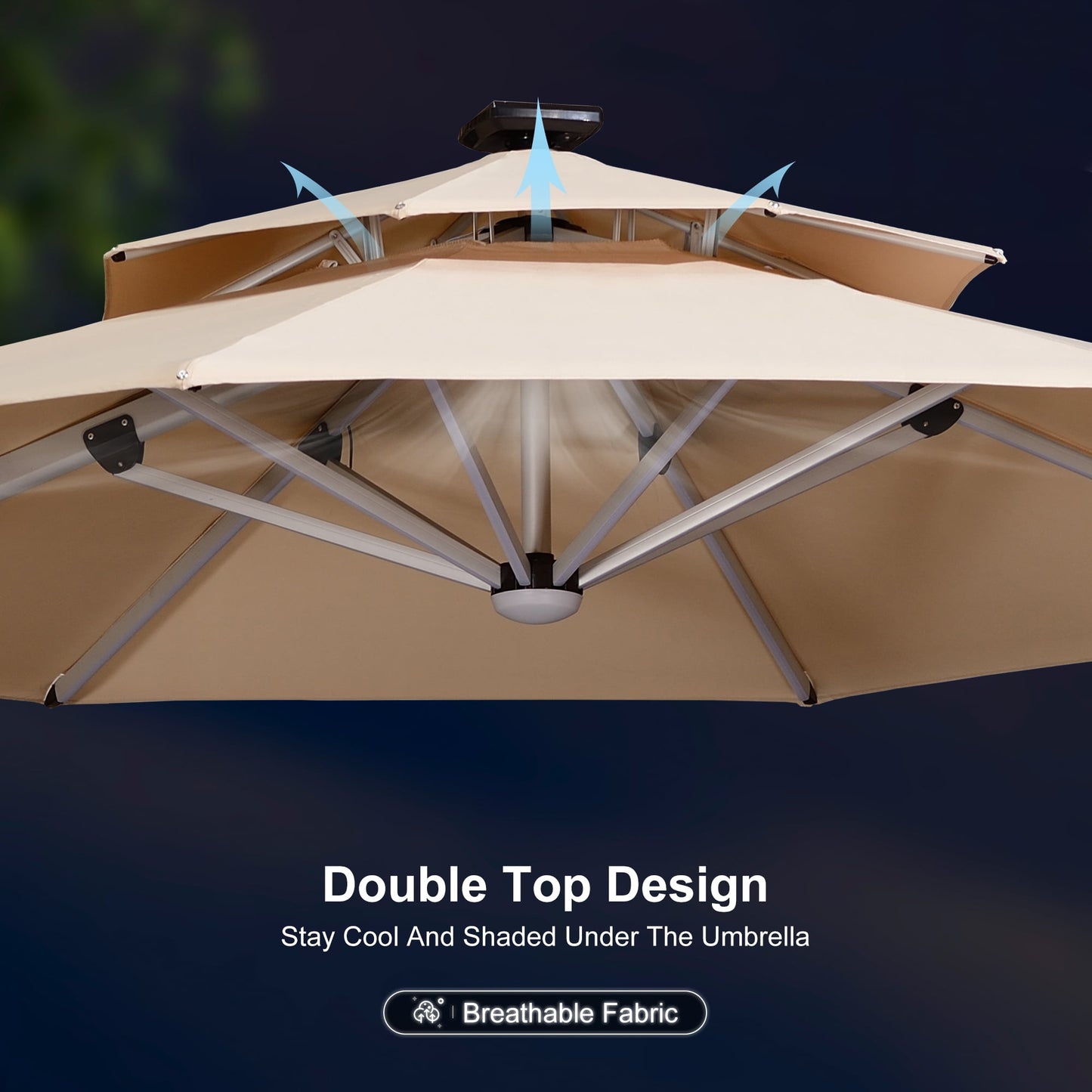 PURPLE LEAF 10FT Deluxe Round Solar Powered LED Patio Umbrella, Large Offset Cantilever Umbrella with 360° Rotation, Beige