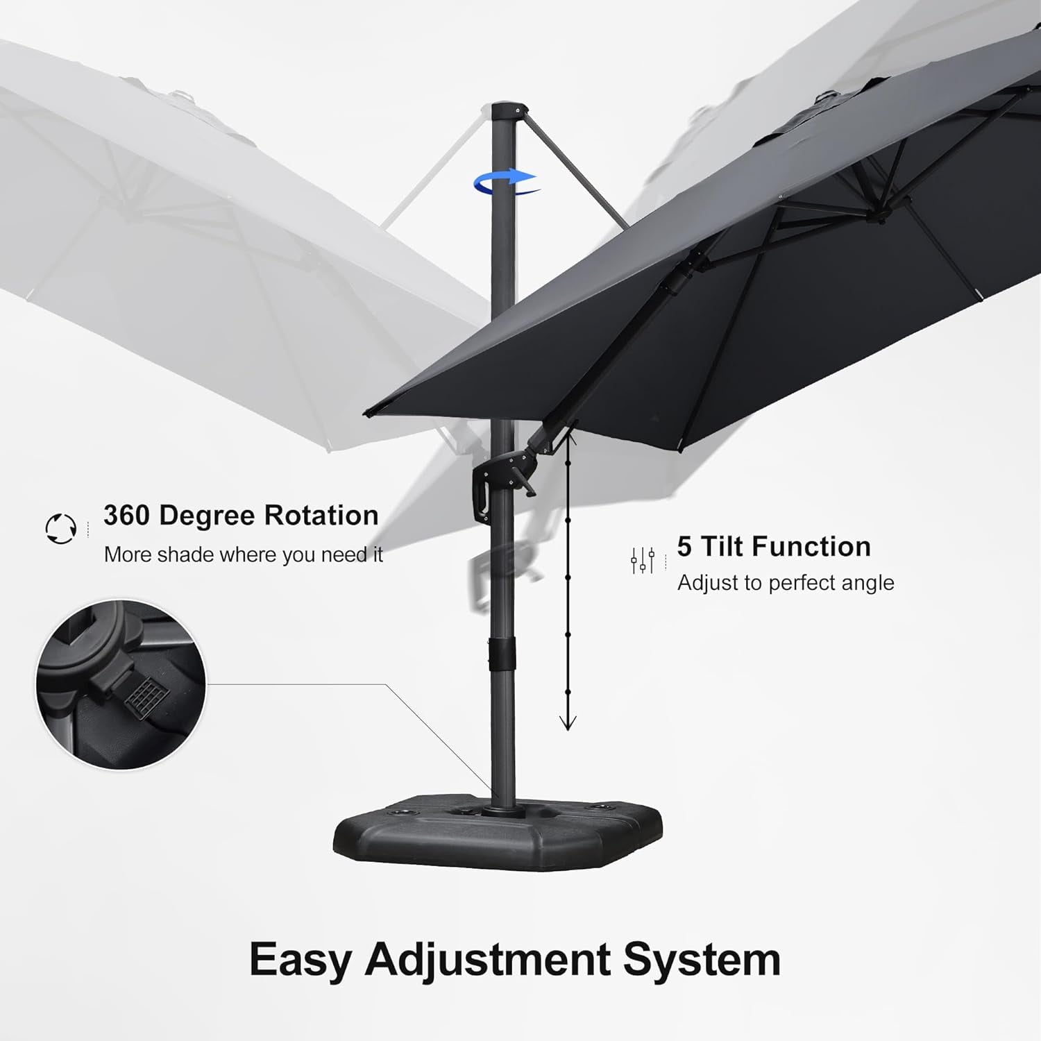 PURPLE LEAF 10x10 Ft Cantilever Umbrella Left-right Tilting Swivel Square Outdoor Patio Umbrella Large Offset Aluminum Umbrella with 360°Rotation Adjustable Pool Umbrella,Gray