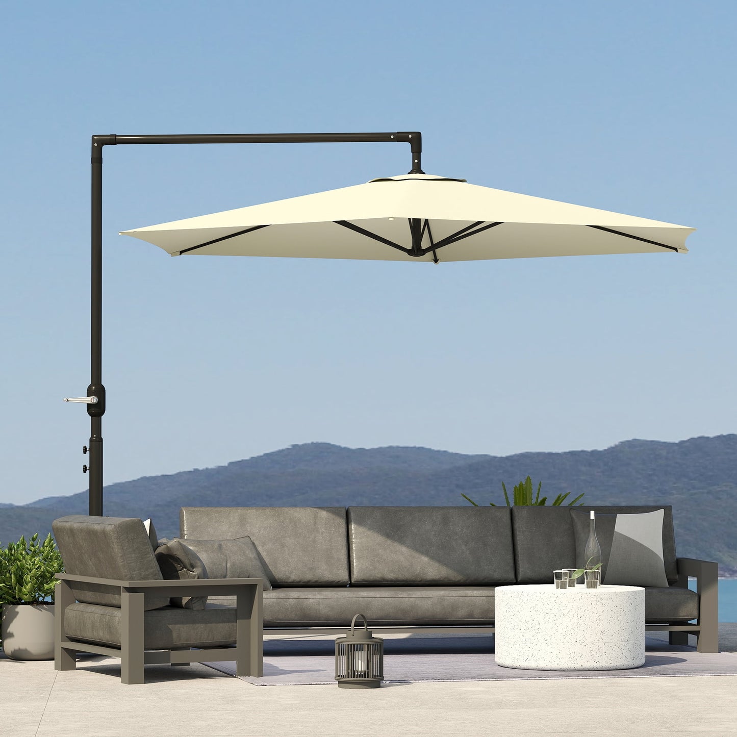 Outsunny 9.5FT Cantilever Patio Umbrella with Crank, Cross Base and Air Vent, Round Hanging Offset Umbrella for Pool, Backyard, Deck, Garden, Beige