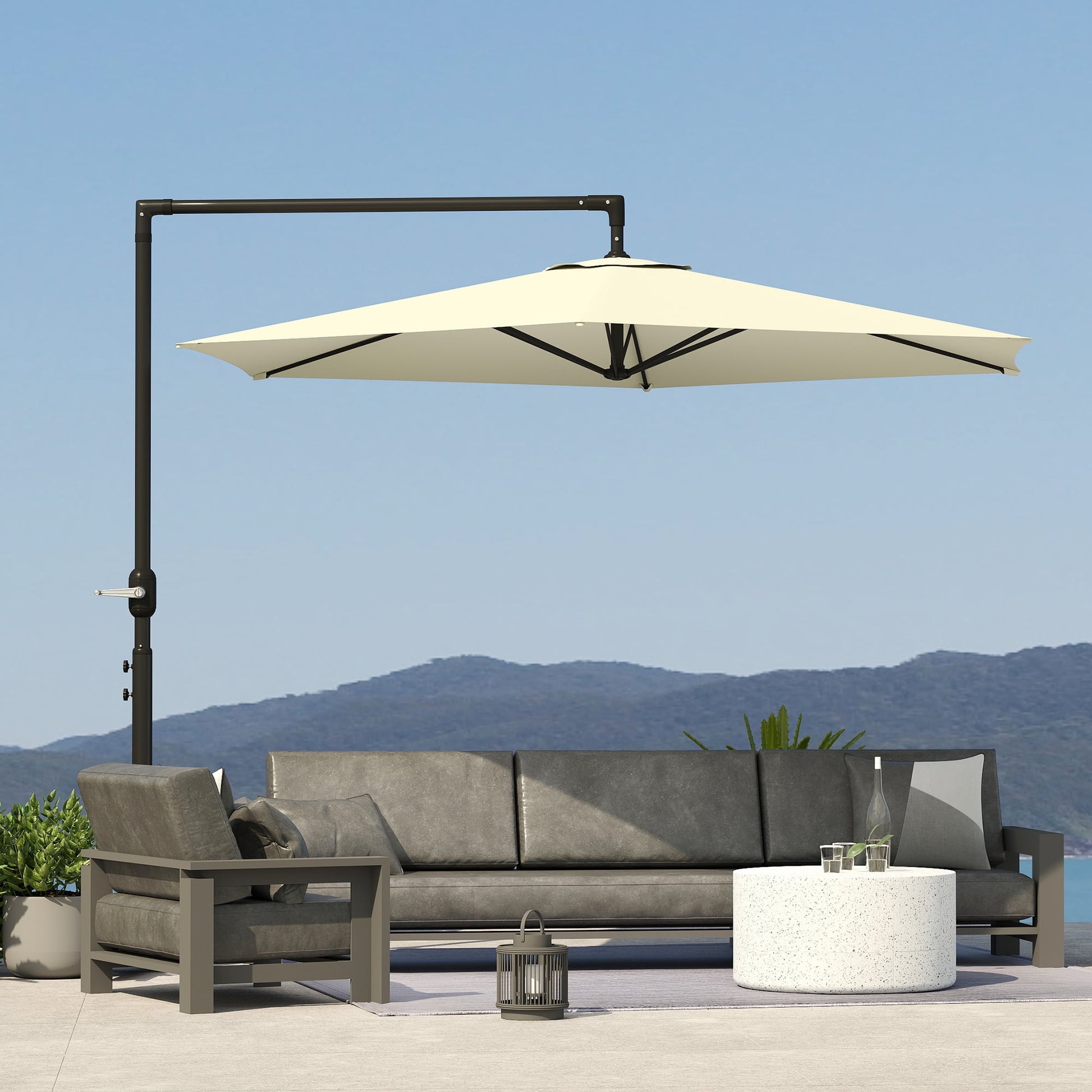 Outsunny 9.5FT Cantilever Patio Umbrella with Crank, Cross Base and Air Vent, Round Hanging Offset Umbrella for Pool, Backyard, Deck, Garden, Beige