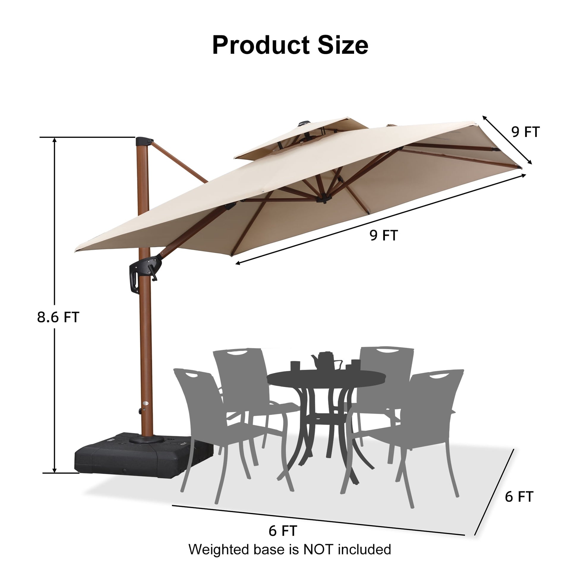 PURPLE LEAF 9FT Deluxe Square Wood Grain Patio Umbrella, Large Offset Cantilever Umbrella with 360° Rotation, Beige