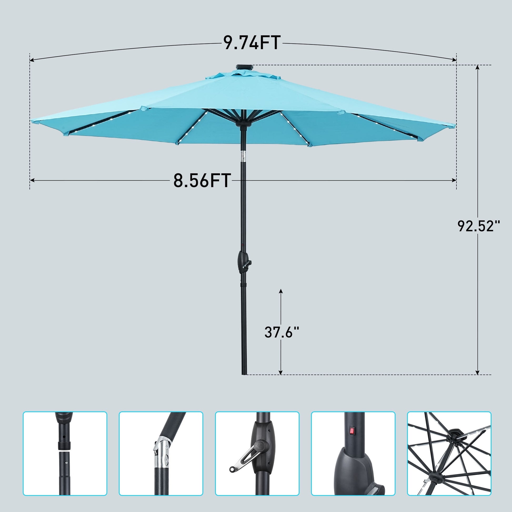 Ainfox 10ft Patio Umbrella with lights, Outdoor Table Sun Shade Umbrellas with Push Button Tilt/Crank, 8 ribs,Lake Blue