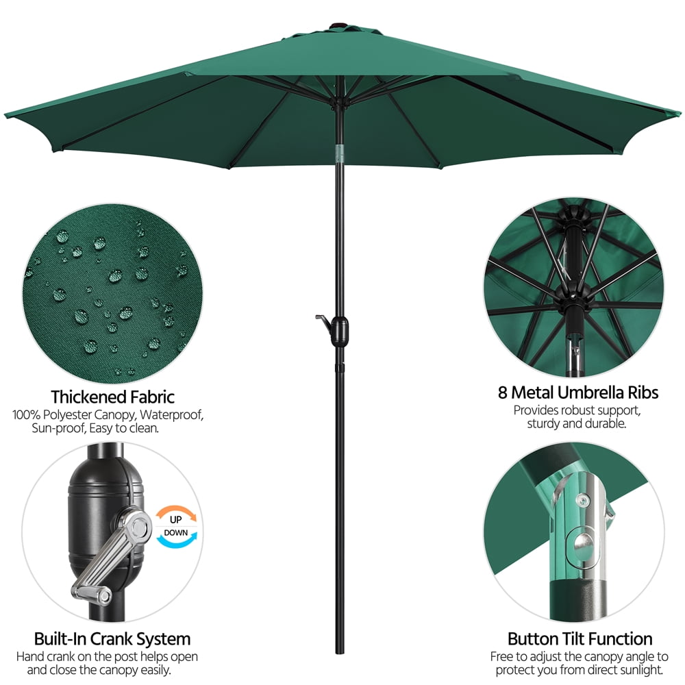 Renwick 10Ft Patio Market Umbrella with Push Button Tilt and Crank, Dark Green