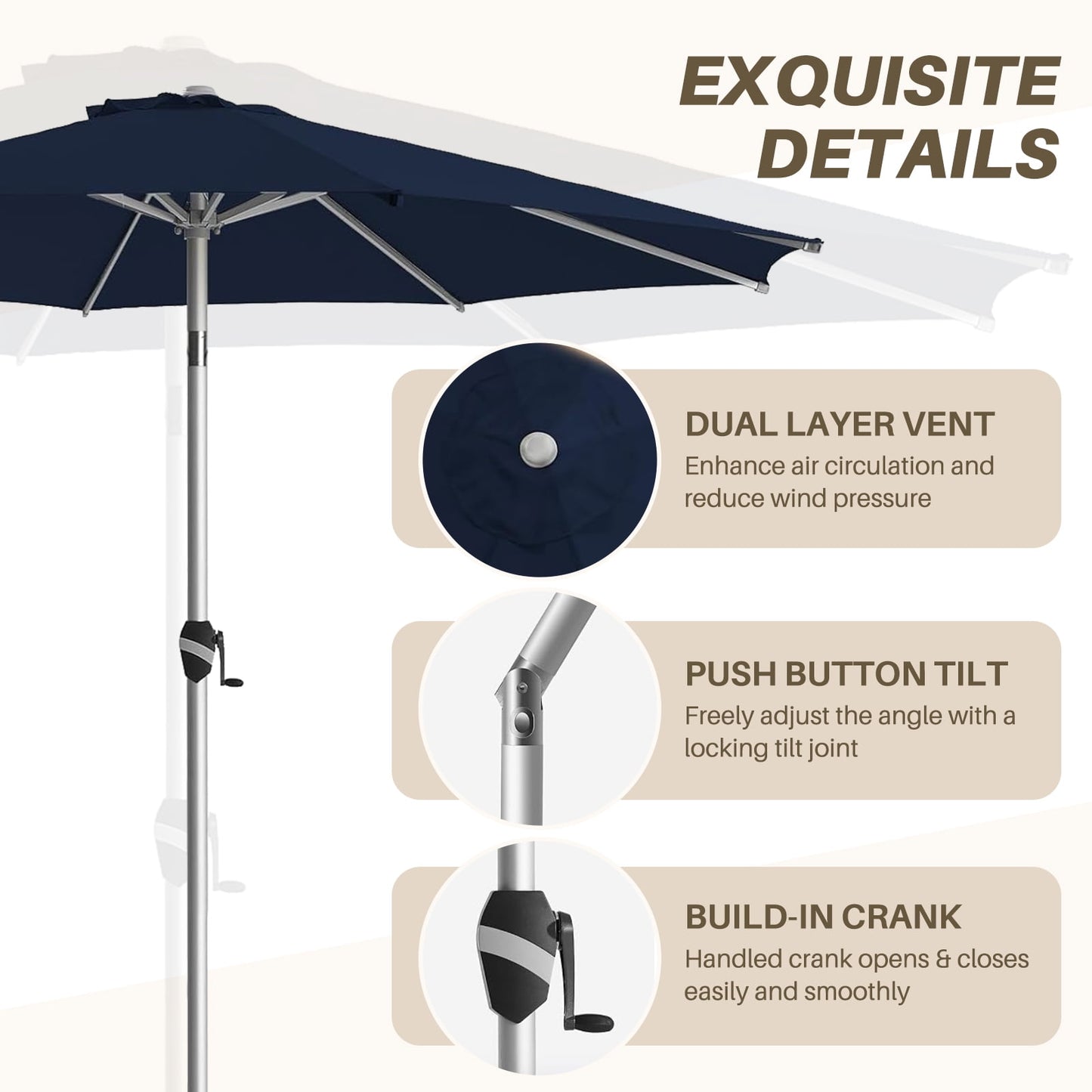 Patio Umbrella, 9 FT Outdoor Umbrellas Waterproof for Pool Table Deck Porch Yard Garden, Market Umbrella with 8 Sturdy Ribs, Push Button Tilt and Crank