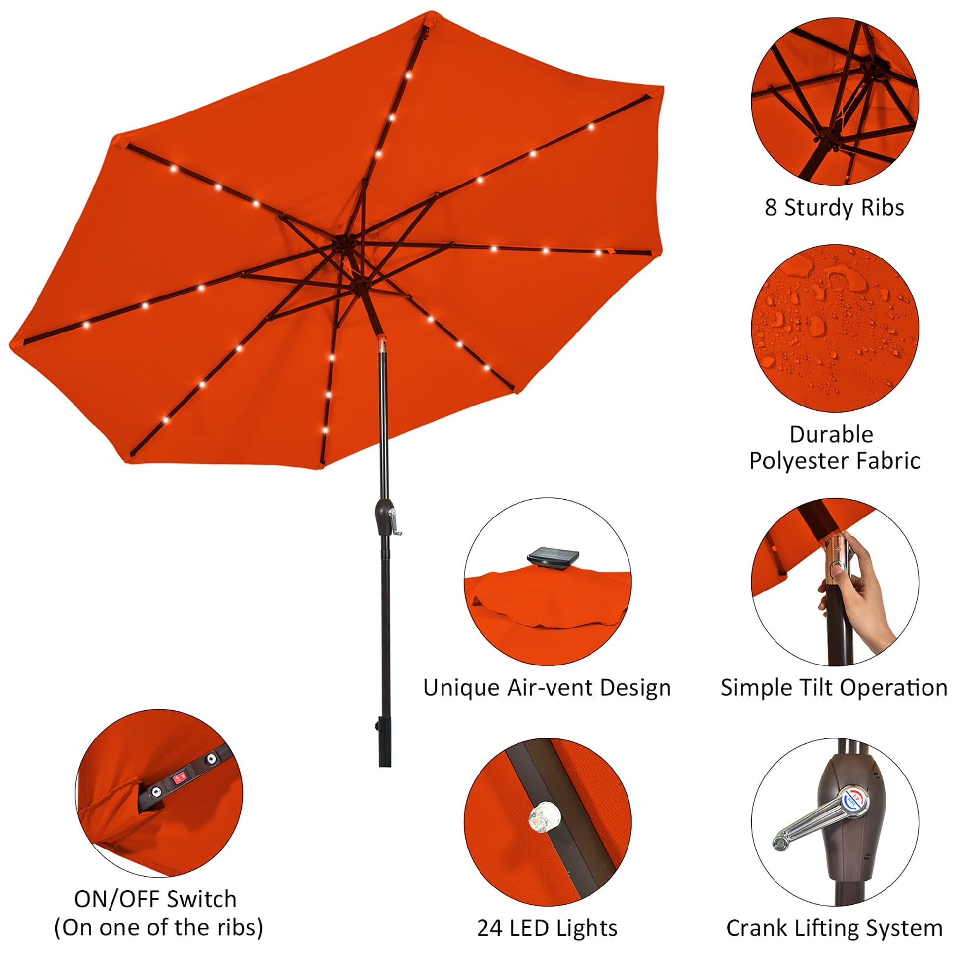 Costway 10FT Patio Solar Umbrella LED Patio Market Steel Tilt W/Crank Outdoor Orange New