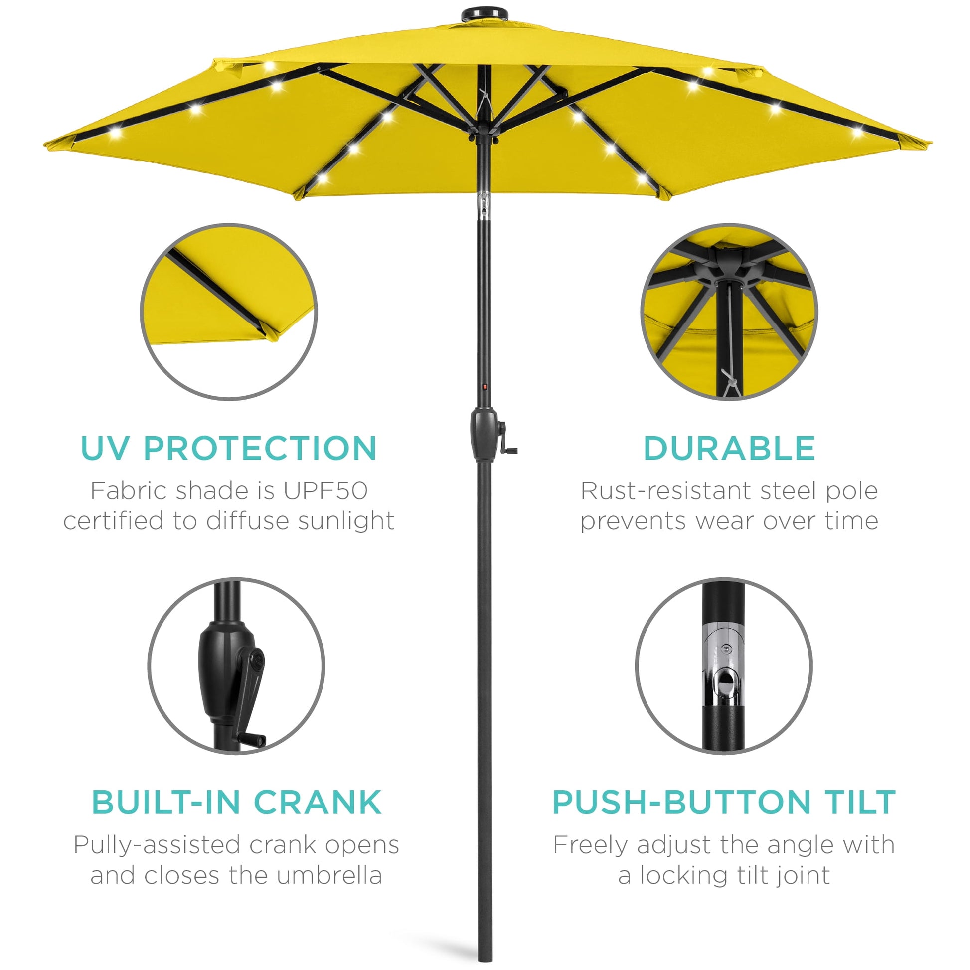 Best Choice Products 7.5ft Outdoor Solar Patio Umbrella for Deck, Pool w/ Tilt, Crank, LED Lights - Yellow