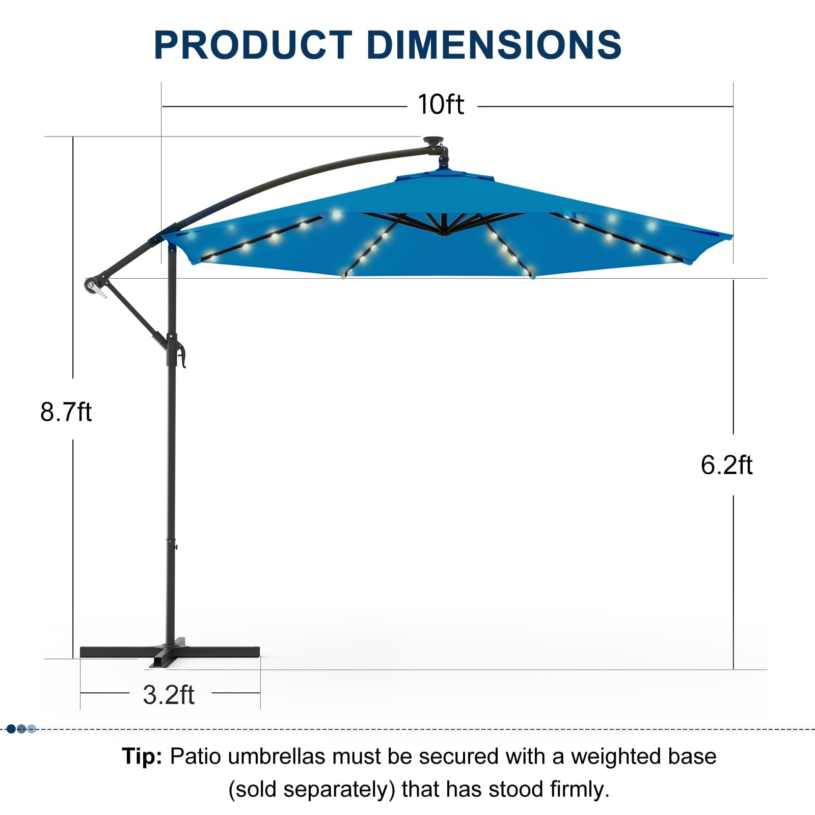 10ft Solar Lighted Patio Umbrella,Outdoor Offset Cantilever Umbrella, Infinite Tilt, Crank and Cross Base, UV Protection for Backyard, Lawn, Garden & Pool, Royal Blue