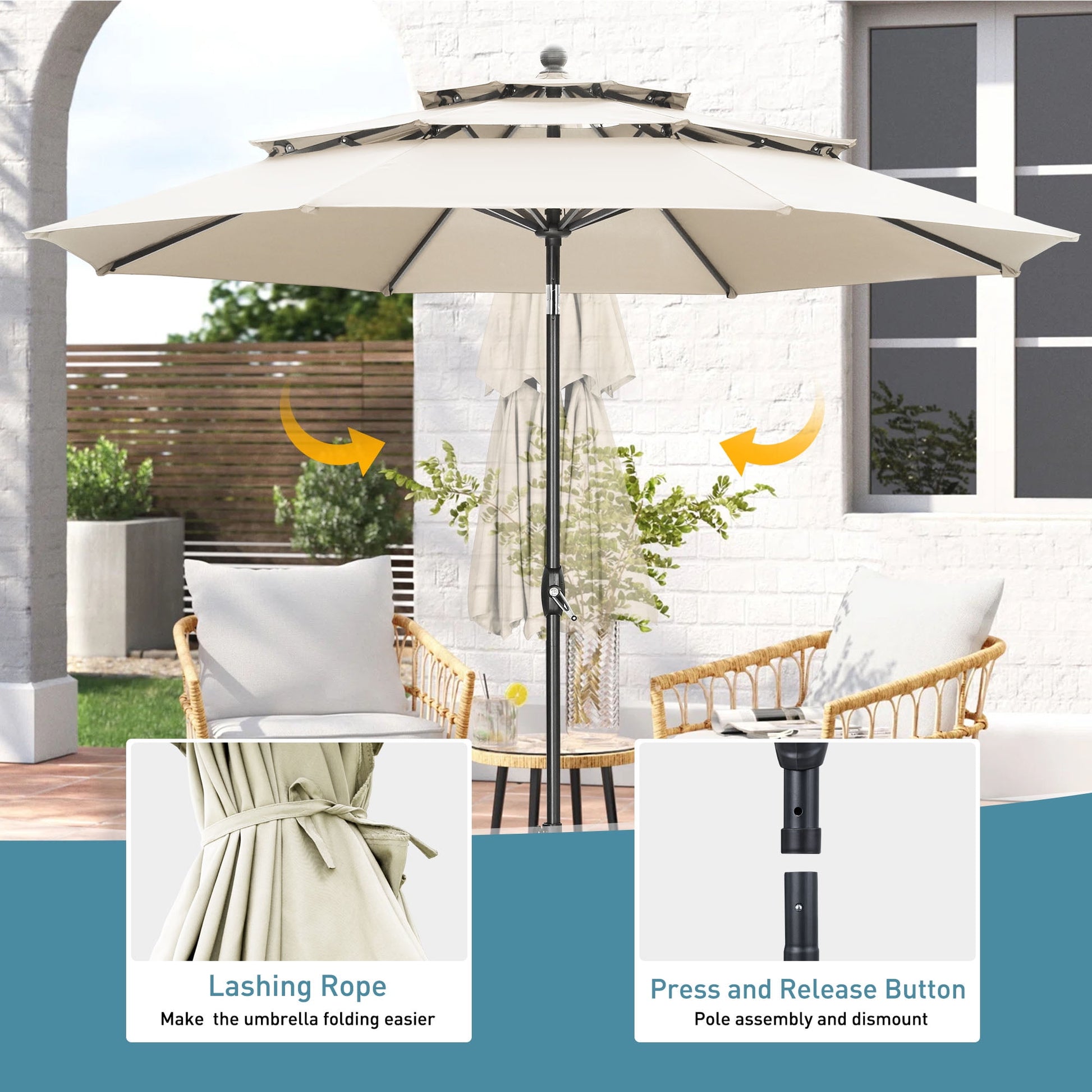 Autlaycil 10' Patio Umbrella 3 Tiers with Tilt and Crank for Outdoor, Pool, Beach, Garden,Khaki