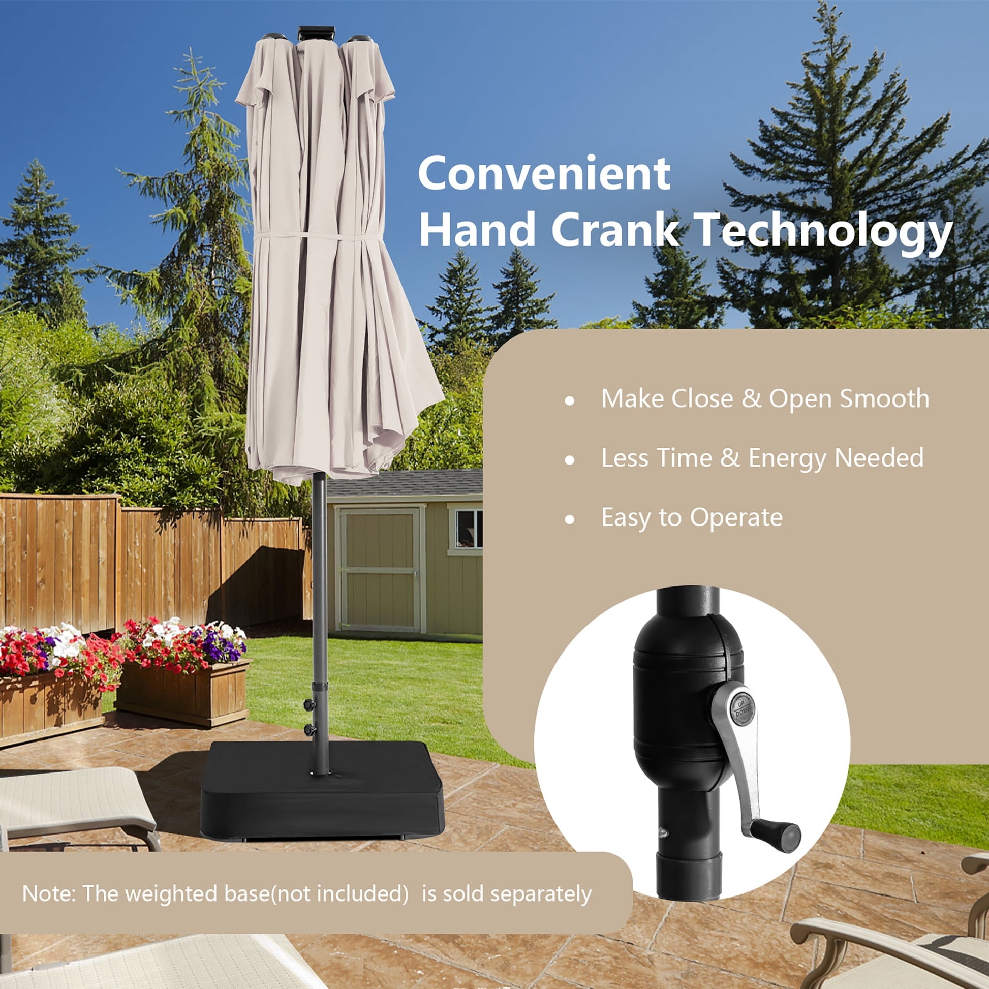 Costway 15FT Twin Patio Double-Sided Umbrella 48 Solar LED Lights Crank Outdoor Beige