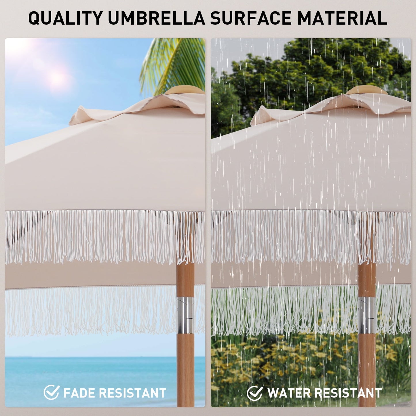 Autlaycil 7.5 ft Fringe Patio Umbrella for Beach, Pool, Adjustable Outdoor Market Umbrellas,Tassel Stylish (Khaki)