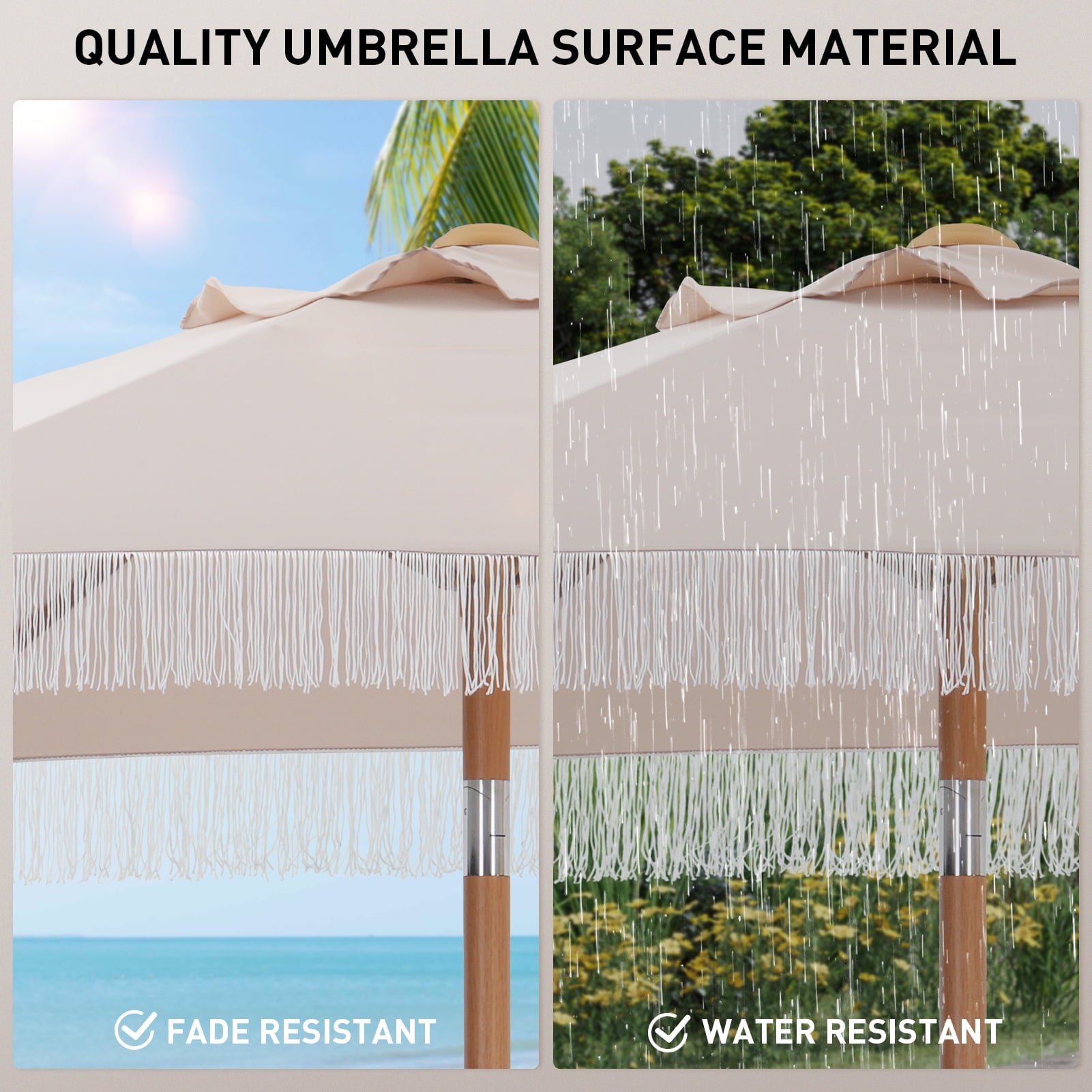 Autlaycil 7.5 ft Fringe Patio Umbrella for Beach, Pool, Adjustable Outdoor Market Umbrellas,Tassel Stylish (Khaki)