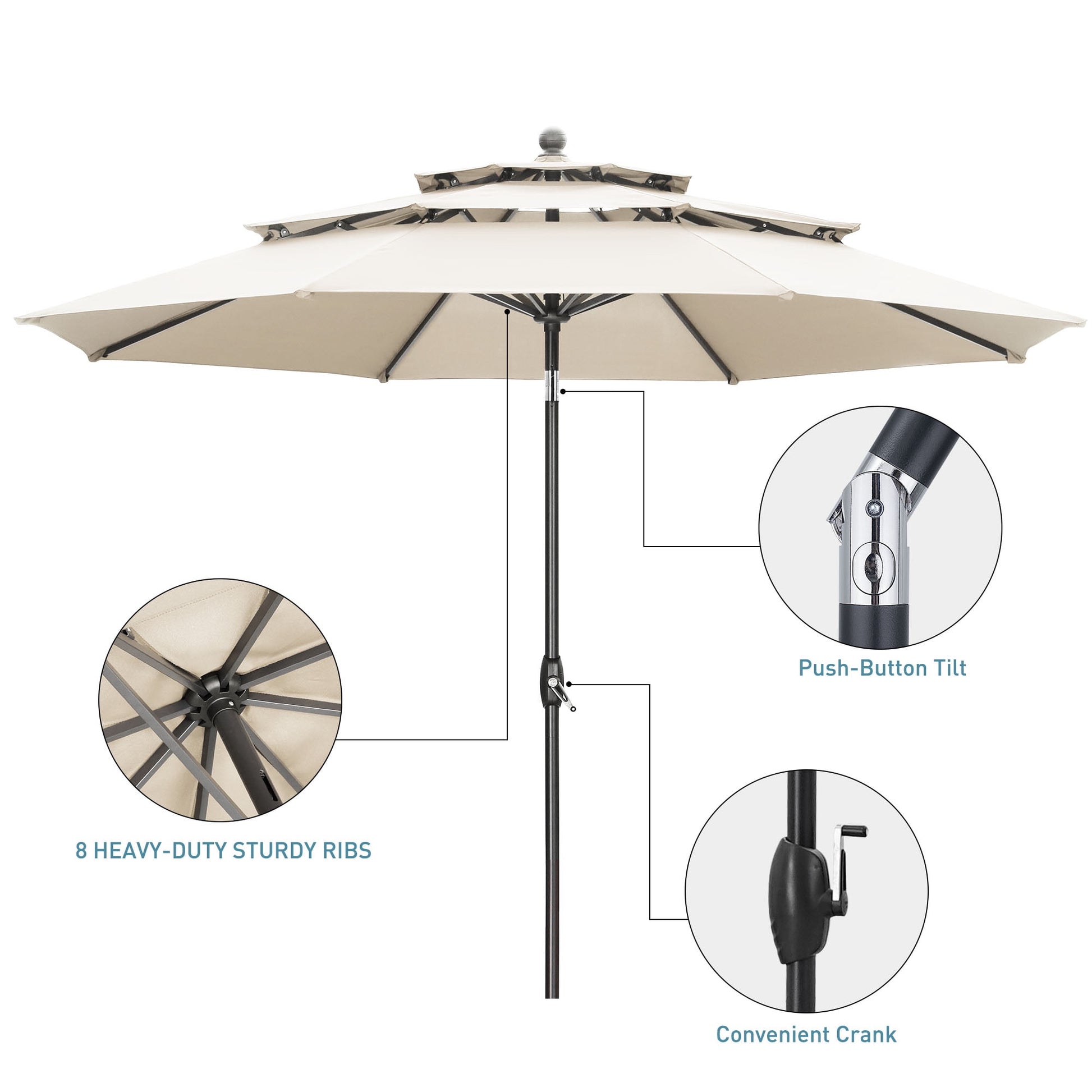 Autlaycil 10' Patio Umbrella 3 Tiers with Tilt and Crank for Outdoor, Pool, Beach, Garden,Khaki