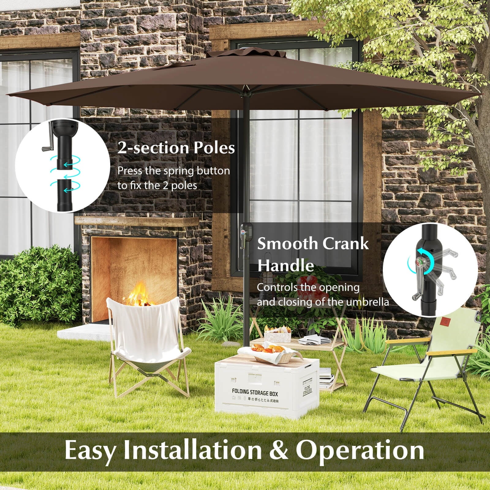 Costway 12 FT Patio Umbrella Outdoor Market Umbrella with Crank Handle 8 Sturdy Ribs Coffee