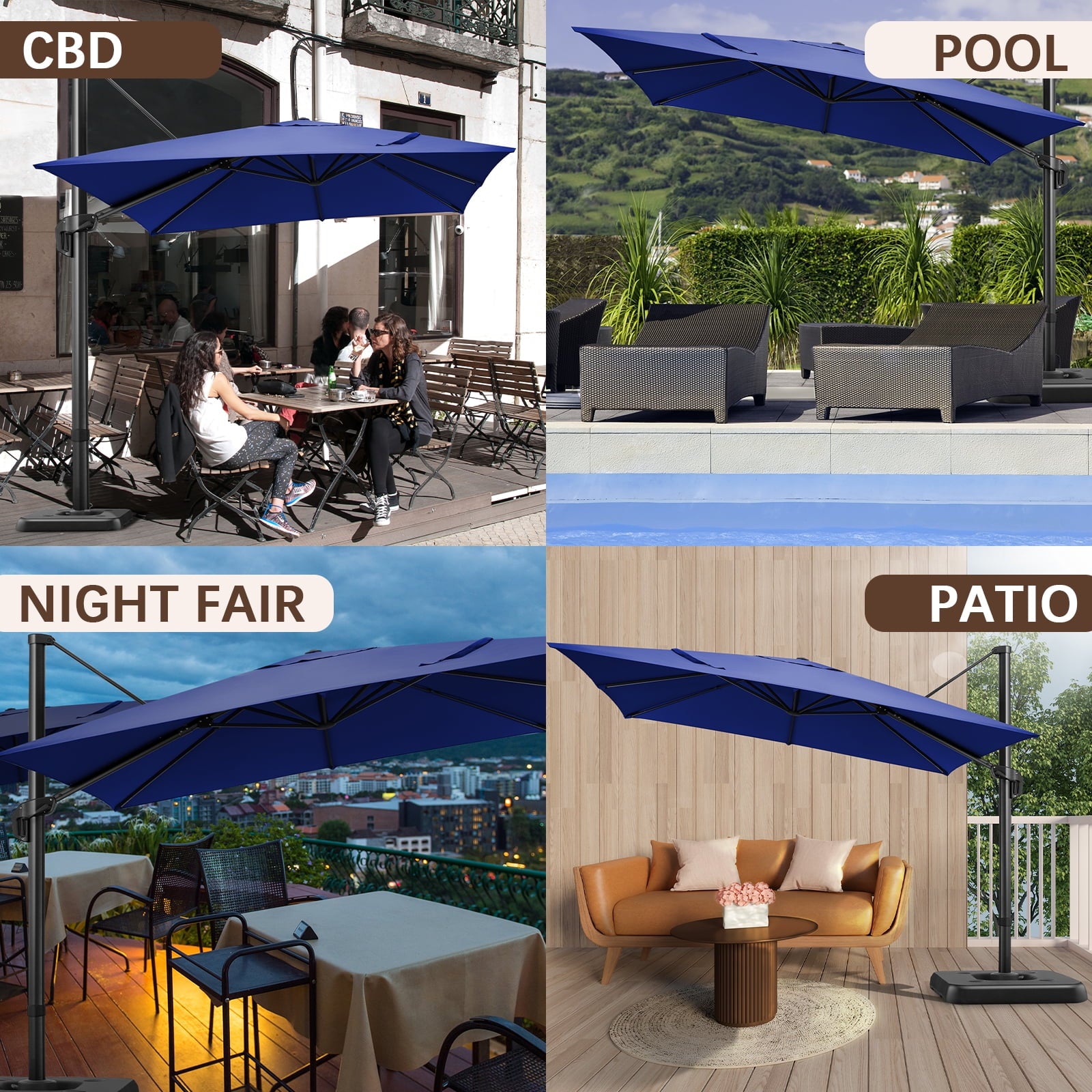 SANOPY 10x10 Cantilever Patio Umbrella Outdoor Patio Umbrella, 360 Degree Rotation Market Patio Umbrella with Steel Base, Crank, Tilt Button, Dark Blue