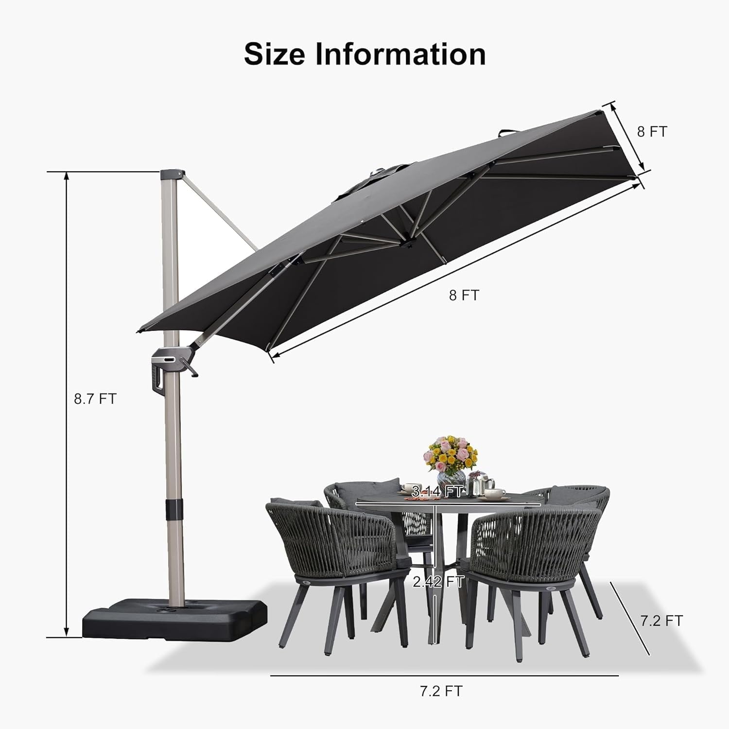 PURPLE LEAF 8 × 8 FT Patio Umbrella, Outdoor Cantilever Umbrella with Champagne Post, Hanging Offset Umbrella for Pool, Deck Garden, Grey