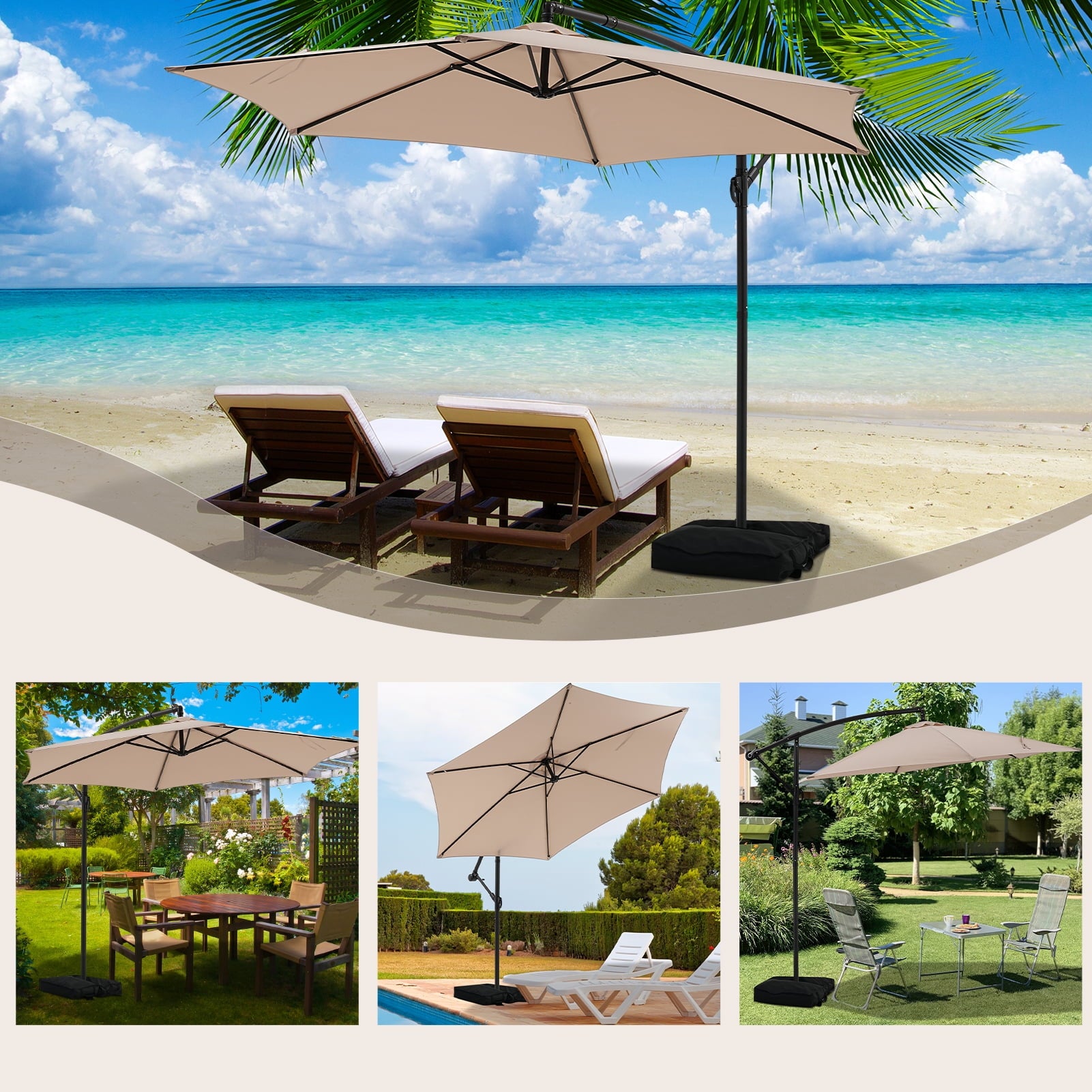 Autlaycil 10FT Cantilever Patio Umbrella, Hanging Offset Umbrella with Umbrella Stand, Khaki