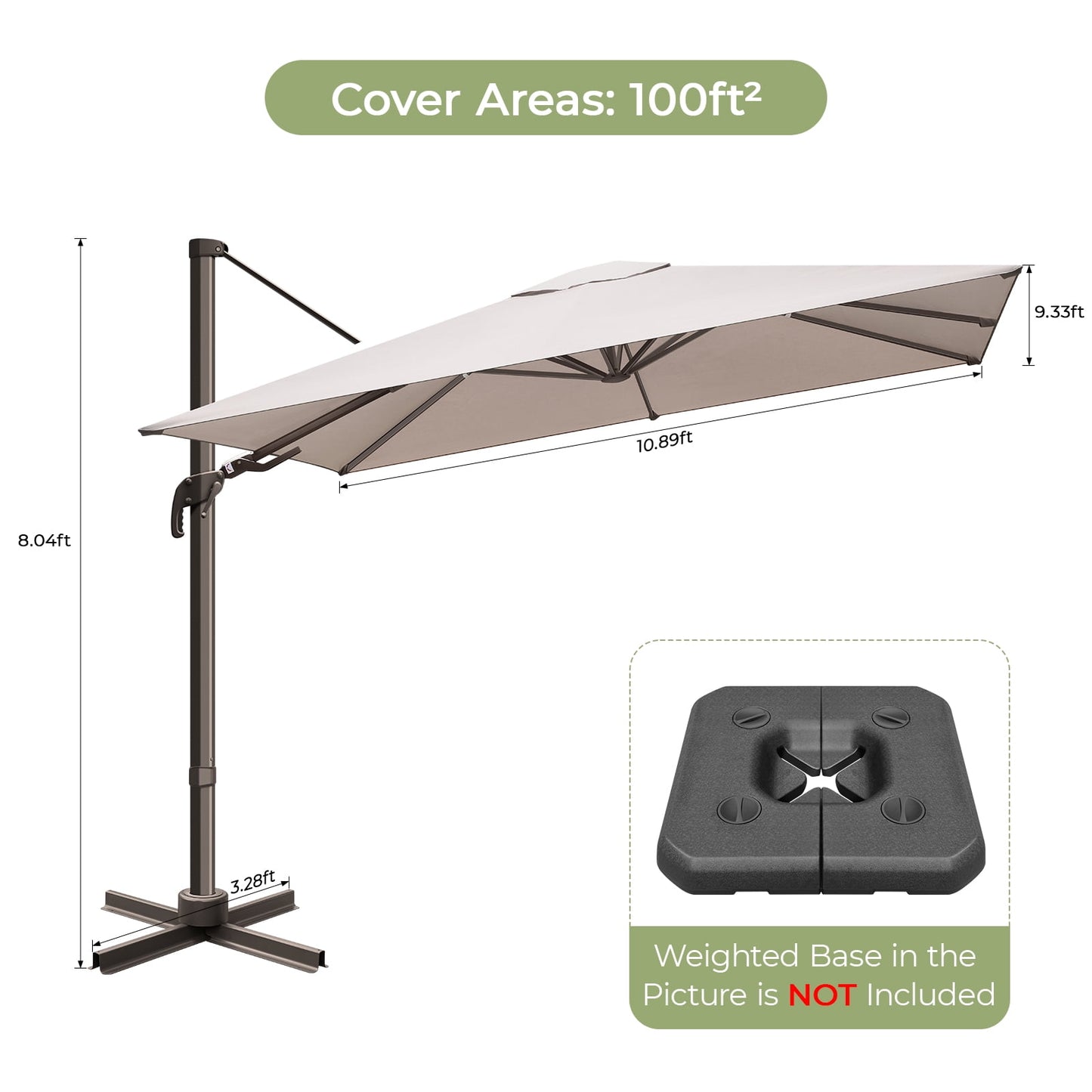 Vitarpatio 10x10ft Outdoor Patio Umbrella, Large Square Cantilever Umbrella Aluminum Offset Umbrella with Swivel Handle Tilt, 360 Degree Rotation and Crank, Champagne