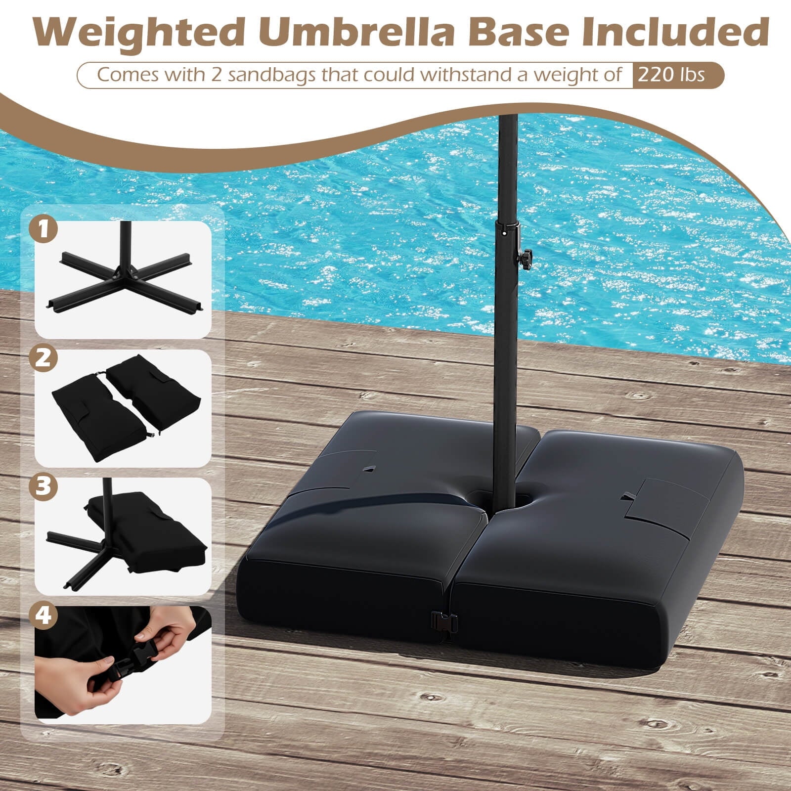 Costway 10 FT Solar Offset Hanging Umbrella Patio Cantilever Umbrella with 32 LED Lights Brown