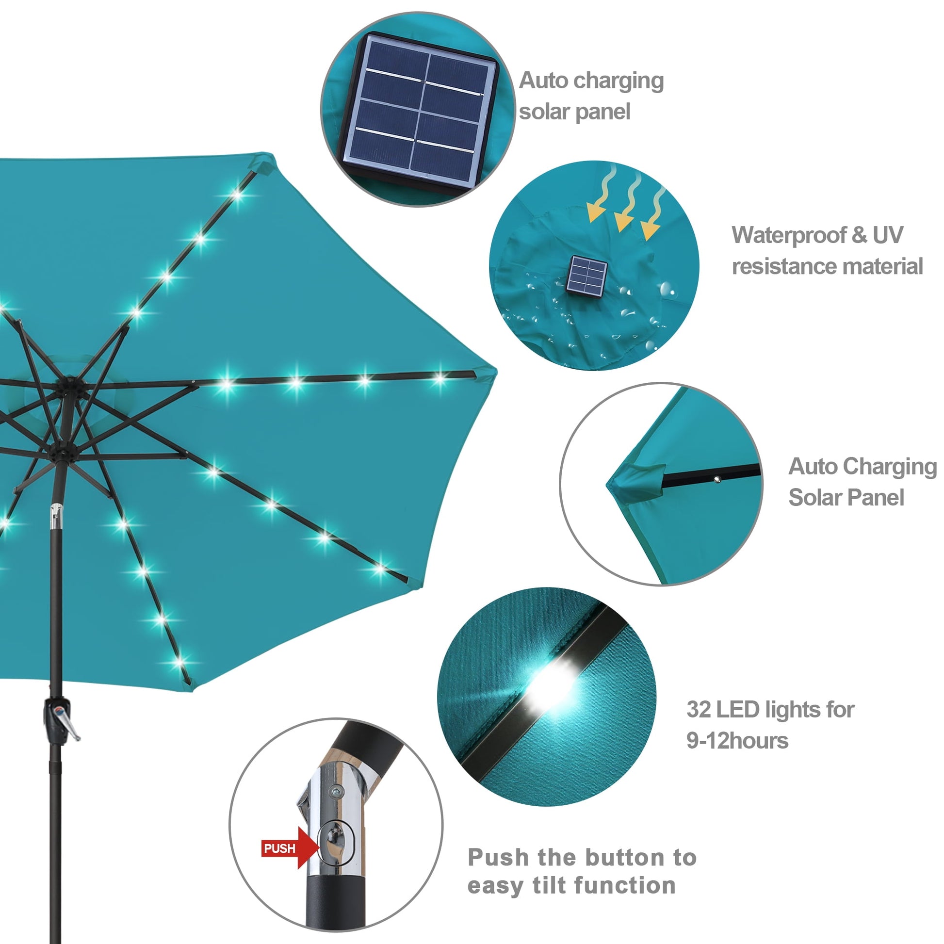 ABCCANOPY 7.5ft Patio Solar Umbrella LED Outdoor Umbrella with Tilt and Crank, Turquoise