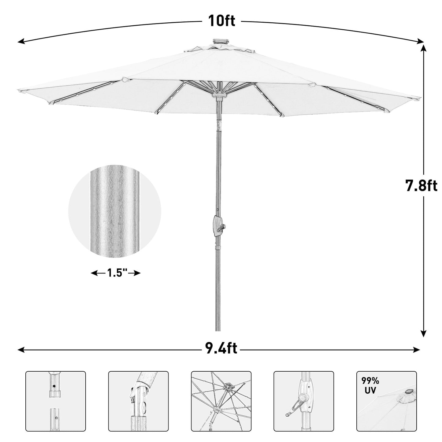 Autlaycil 10' Solar Patio Umbrella 64 LED Lighted, Strip Lights Outdoor Market Table Umbrella with Push Button Tilt and Crank, Sturdy Pole, Easy to Set (Blue)
