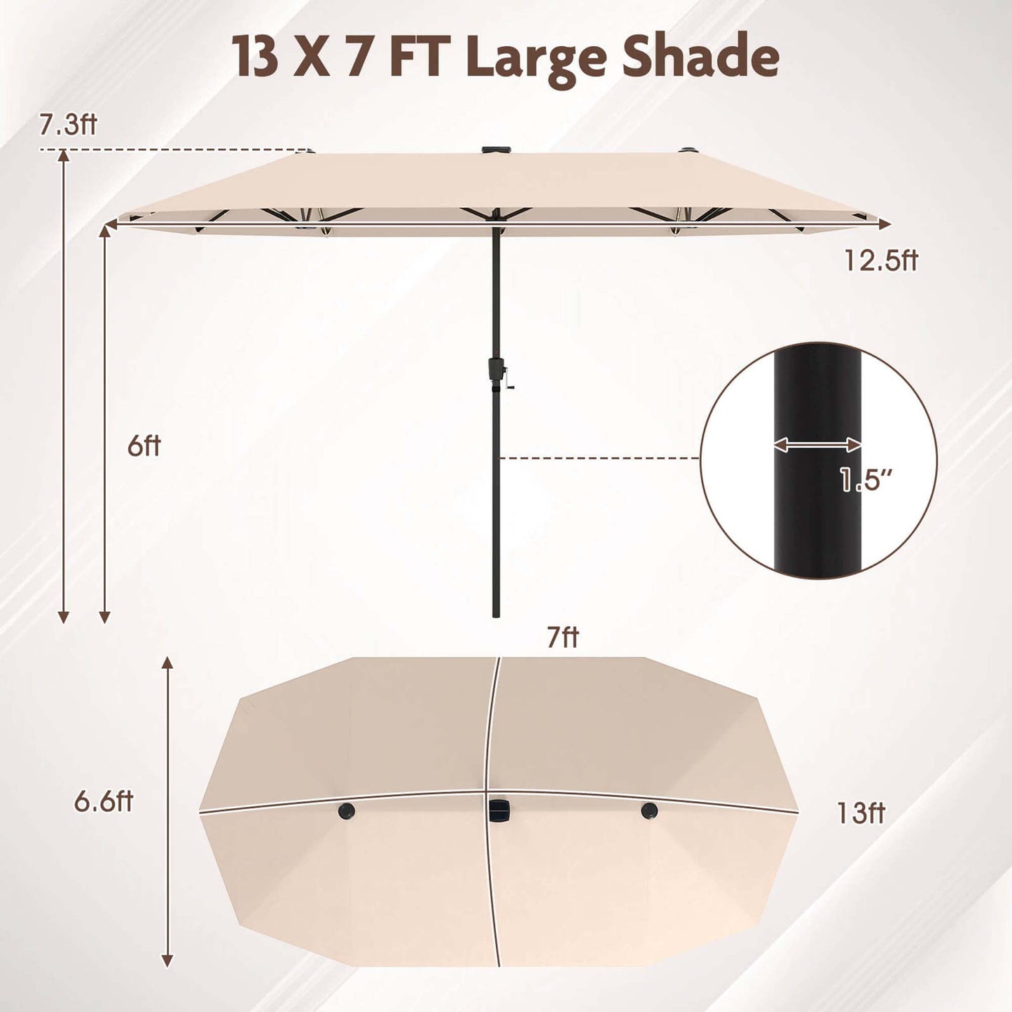 Costway 13 FT Large Patio Umbrella with LED Solar Lights Crank Handle 12 Heavy-Duty Ribs Beige