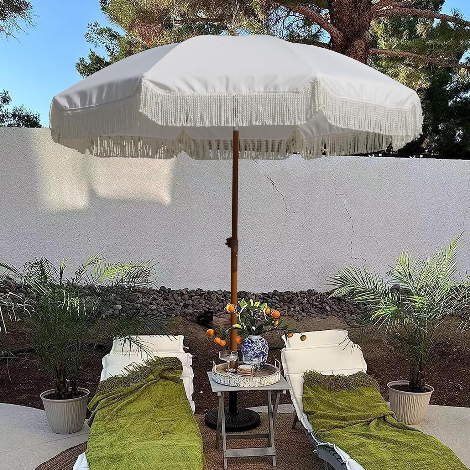 AMMSUN 7ft Fringe Patio Umbrella, Outdoor Table Tassels Umbrella with Push Button Tilt UPF50+ Shade Shelter,Cream White Camping Sun
