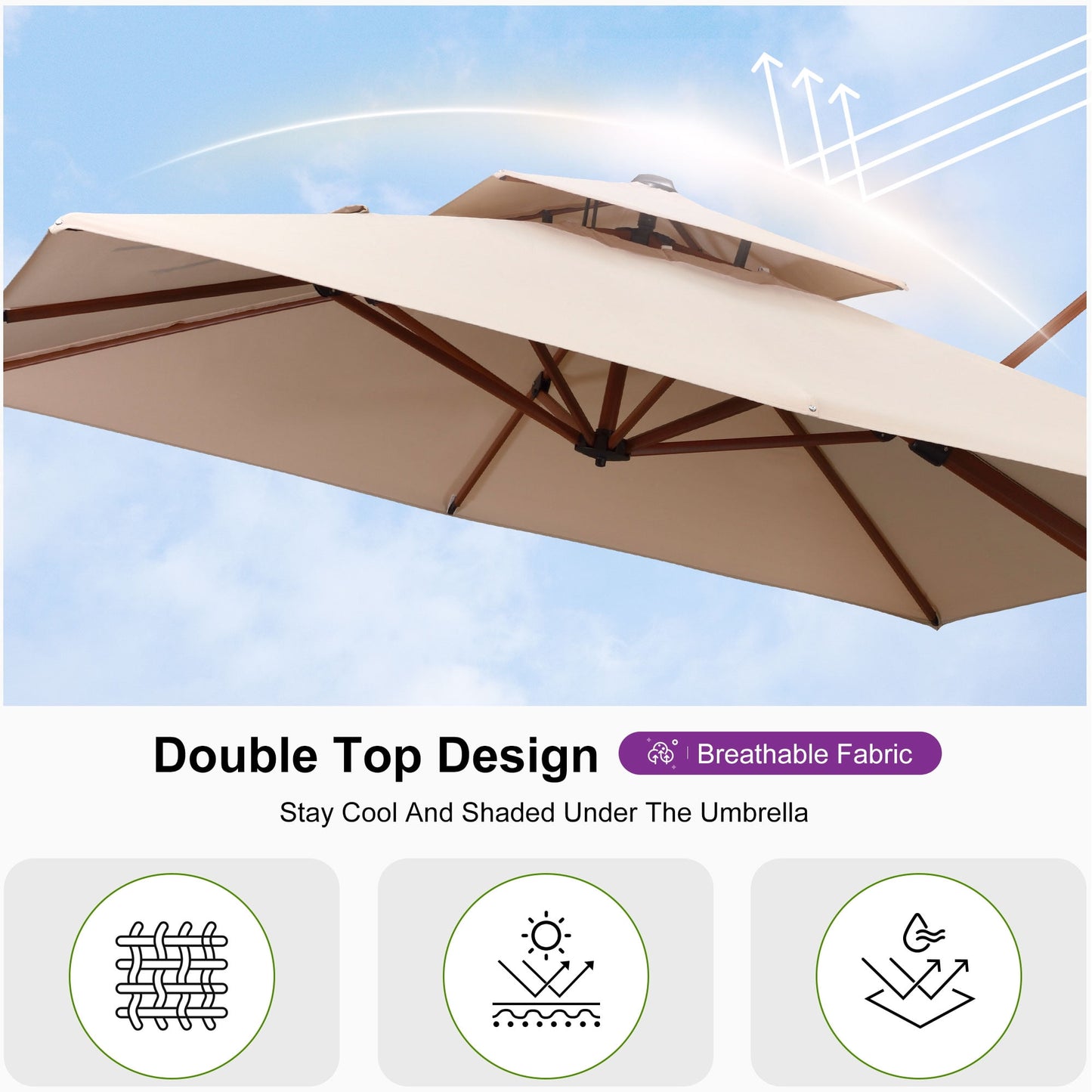 PURPLE LEAF 9FT Deluxe Square Wood Grain Patio Umbrella, Large Offset Cantilever Umbrella with 360° Rotation, Beige