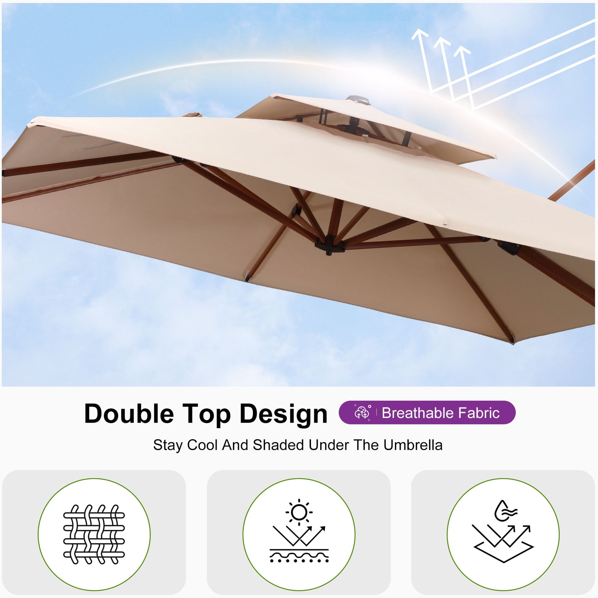 PURPLE LEAF 9FT Deluxe Square Wood Grain Patio Umbrella, Large Offset Cantilever Umbrella with 360° Rotation, Beige